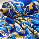 Blue & Mustard Psychedelic Organic Cotton Poplin Fabric by the Metre - Whotex Fabrics London