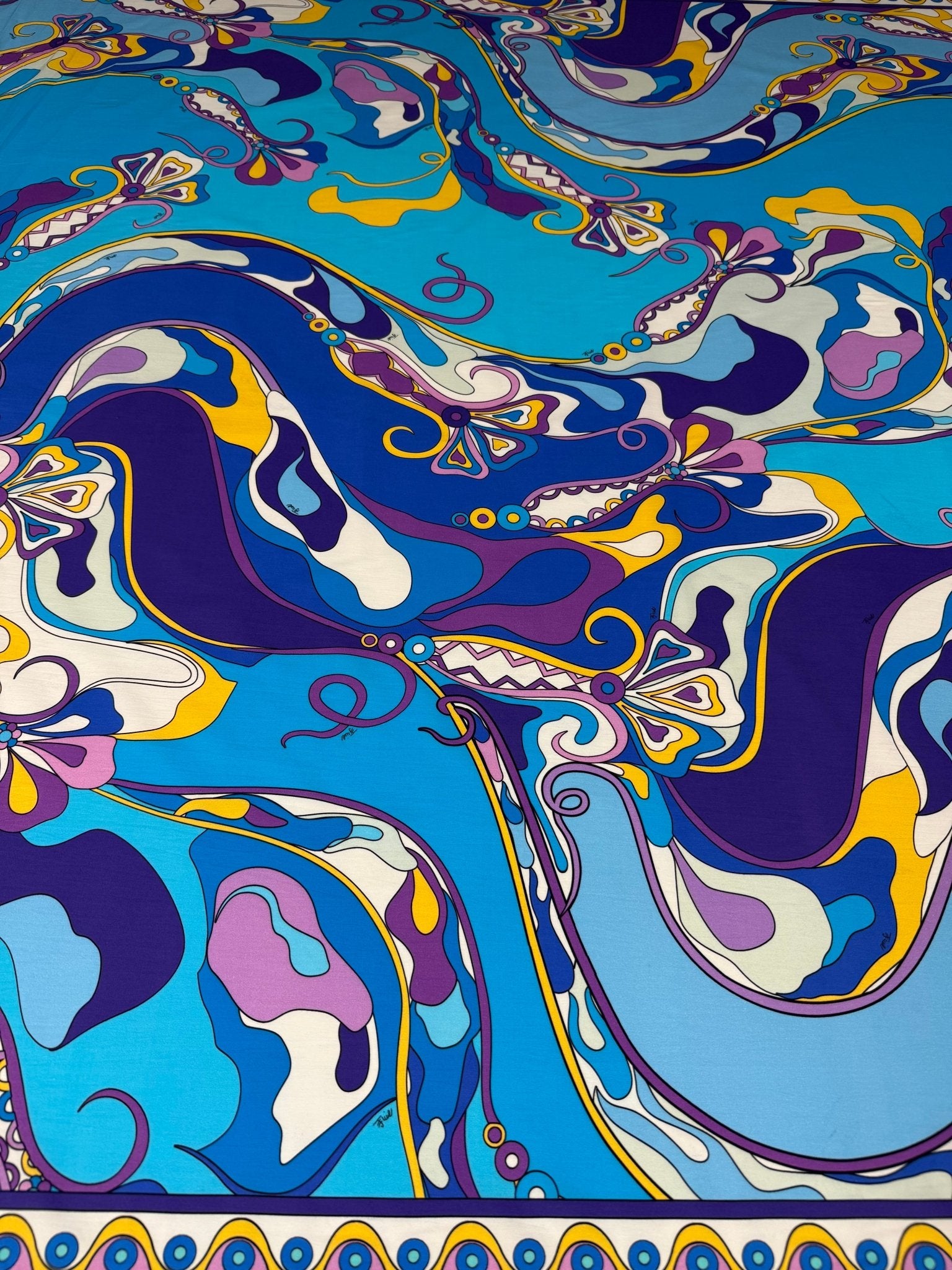 Blue & Mustard Psychedelic Swirl Organic Cotton Poplin Fabric by the Metre - Whotex Fabrics London