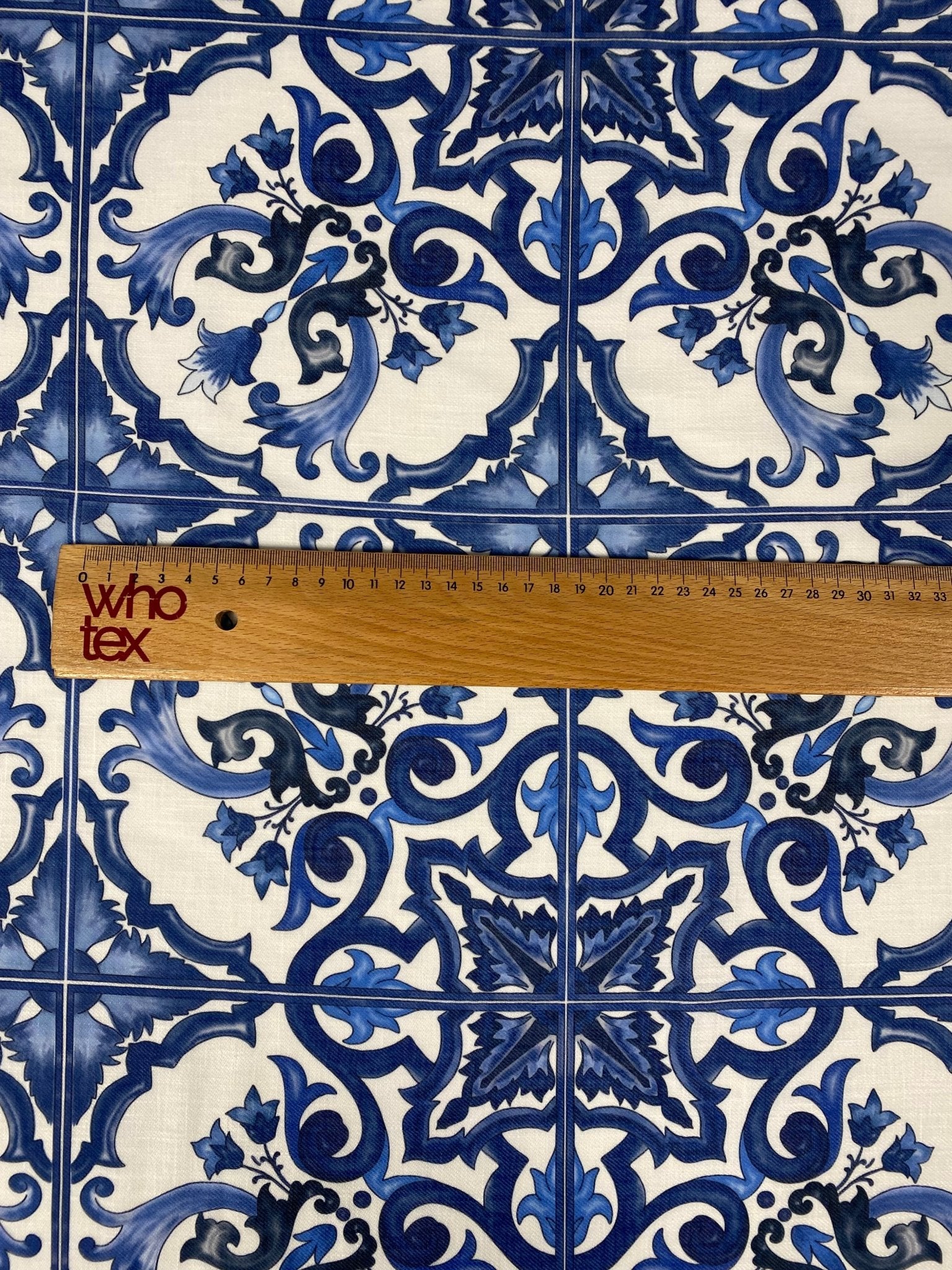 Blue Ornamental Linen Fabric by the Metre - Whotex Fabrics London