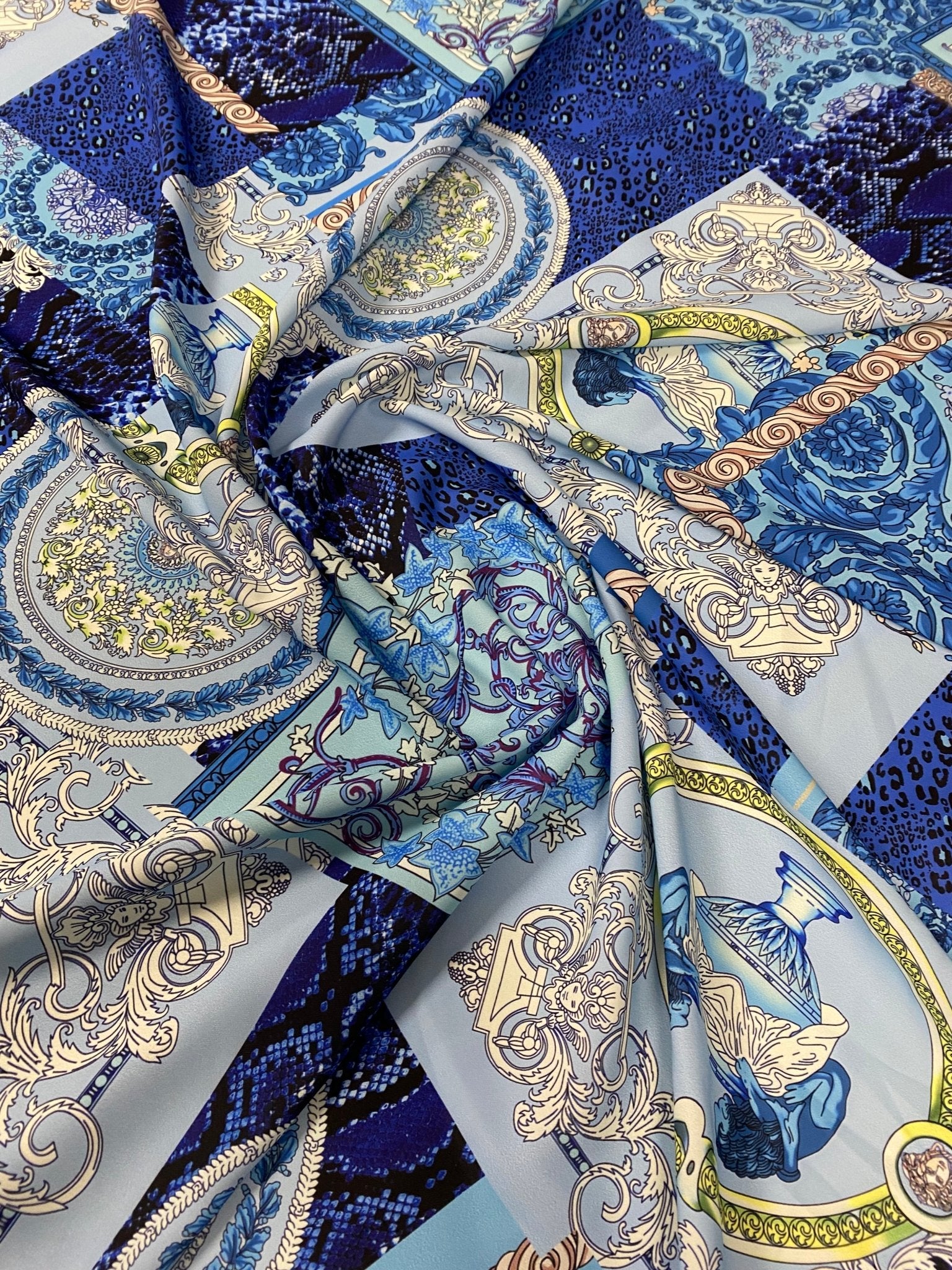 Blue Patchwork Baroque Crepe Fabric by the Metre – Decorative Design - Whotex Online Fabric Store