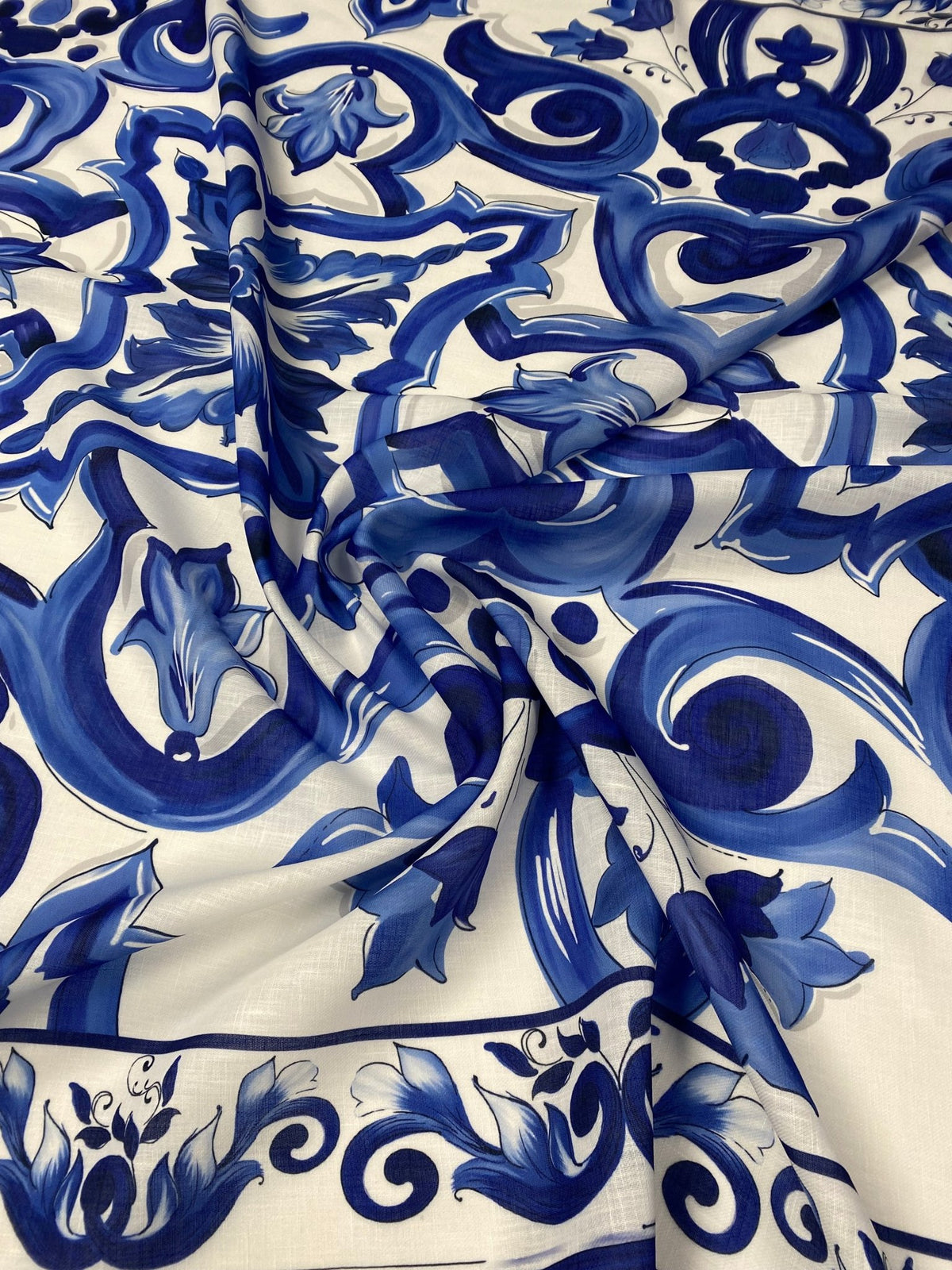 Blue Tile Print Linen Fabric by the Metre - Whotex Fabrics London