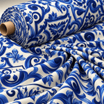 Blue Tile Print Poly Linen Fabric by the Metre - Whotex Fabrics London