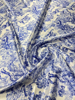 Blue Toile Print Stretch Lycra Satin Fabric by the Metre - Whotex Fabrics London
