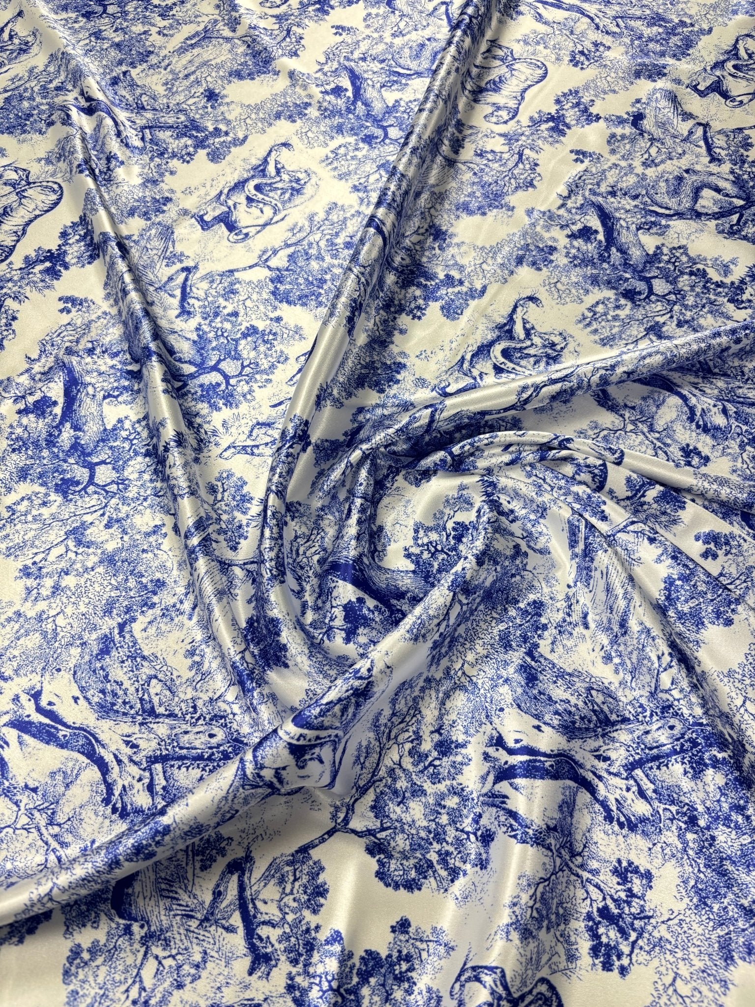 Blue Toile Print Stretch Lycra Satin Fabric by the Metre - Whotex Fabrics London