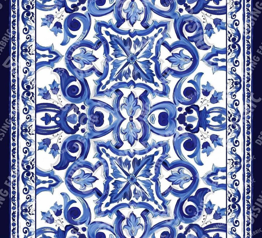 Blue & White Majolica Tile Organic Cotton Poplin Fabric by the Metre - Whotex Fabrics London