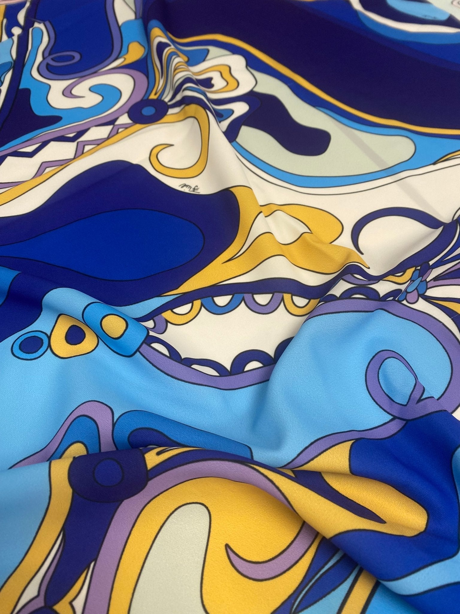 Blue Yellow Print Crep Fabric - Whotex Online Fabric Store