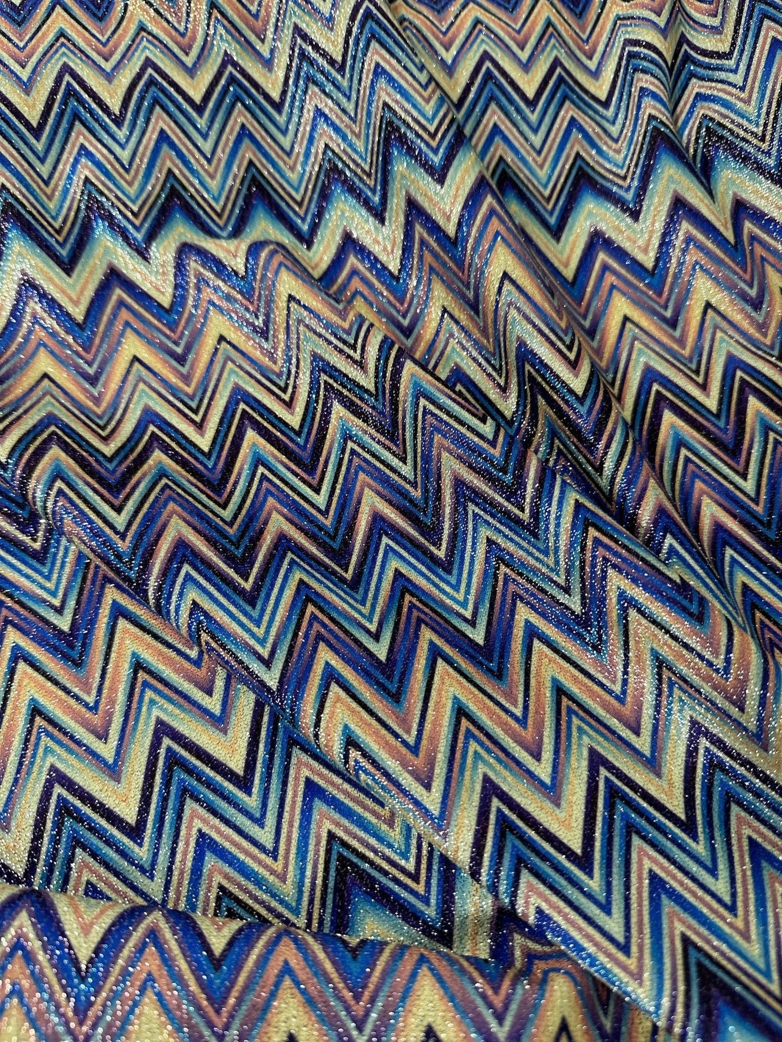 Blue Zigzag Pattern Knit Fabric, Lurex Fabric, 4 - Way Stretch Spandex Fabric - Whotex