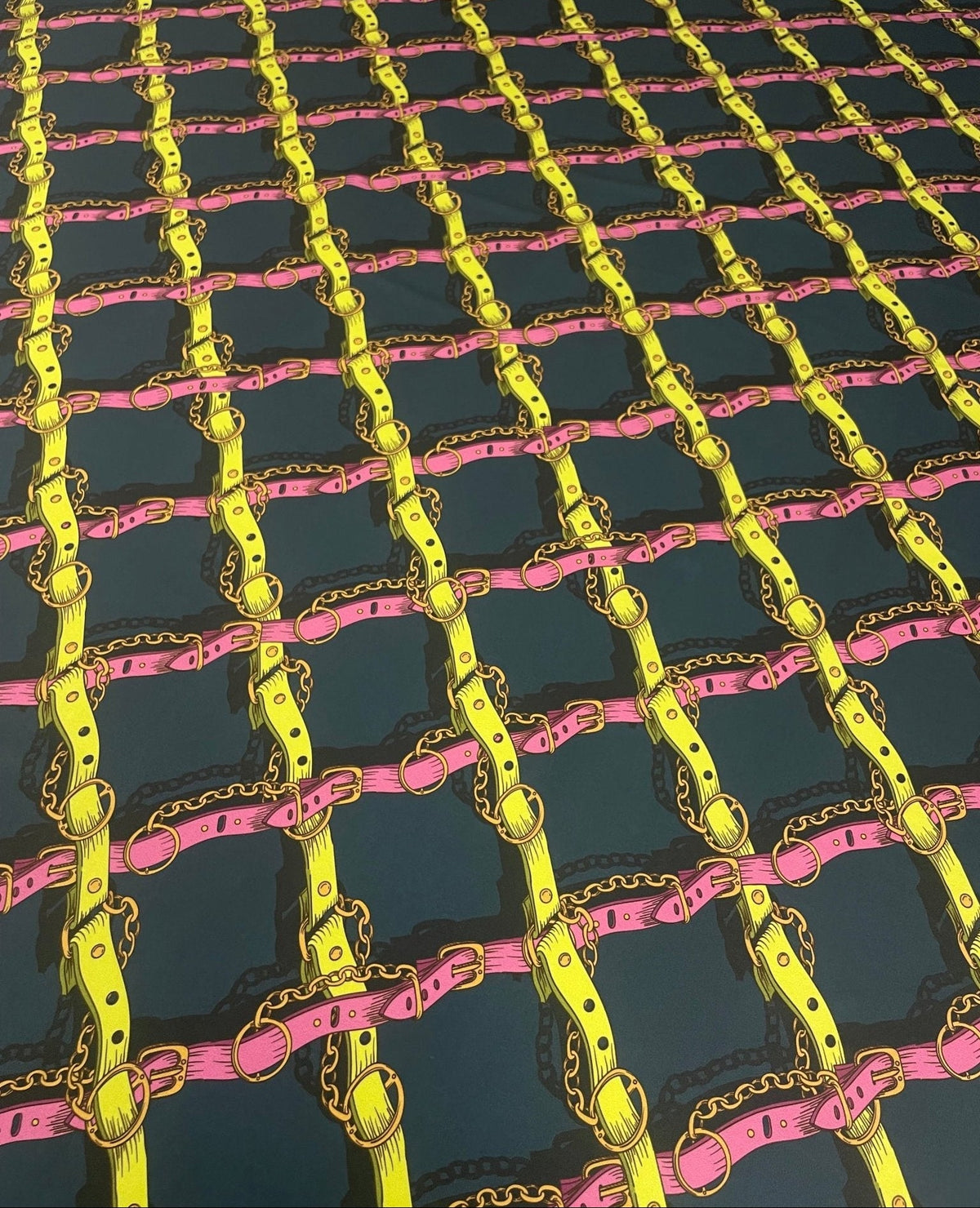 Bold Chain & Belt Print Fashion Fabric by the Metre - Whotex Fabrics London