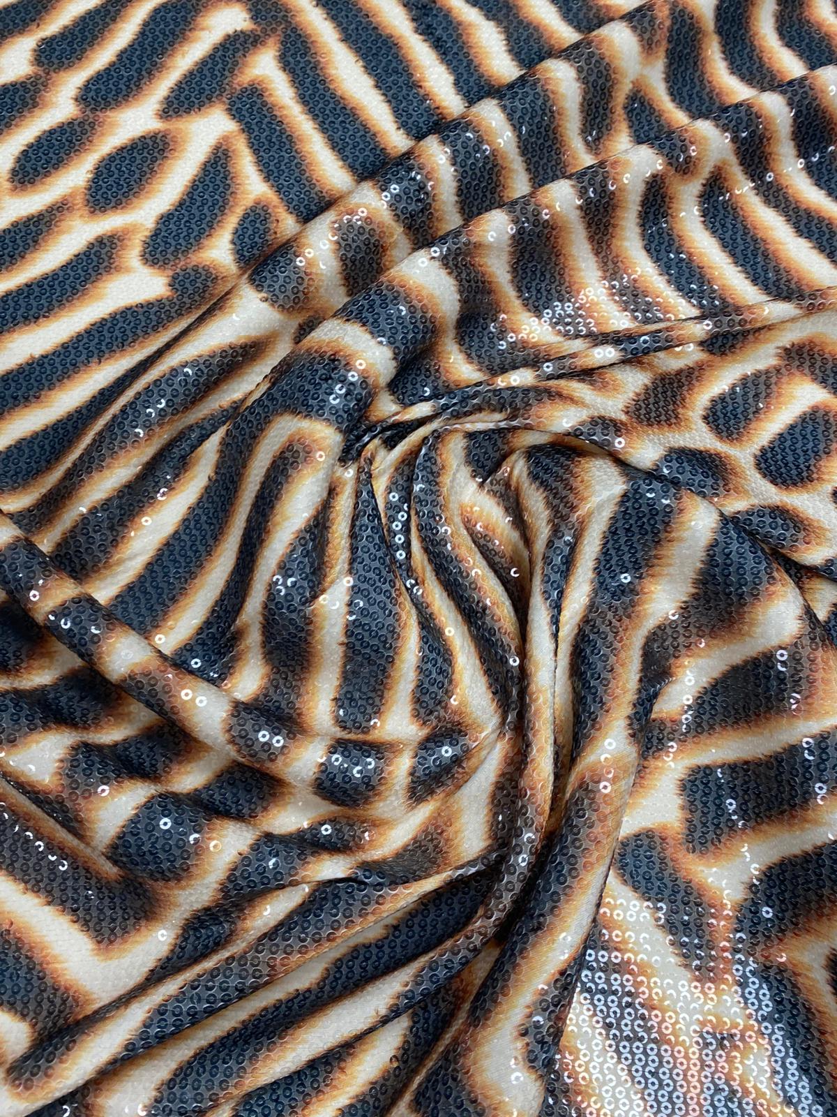Brown and Black Animal Print Sequin Fabric by the Metre - Whotex Fabrics London