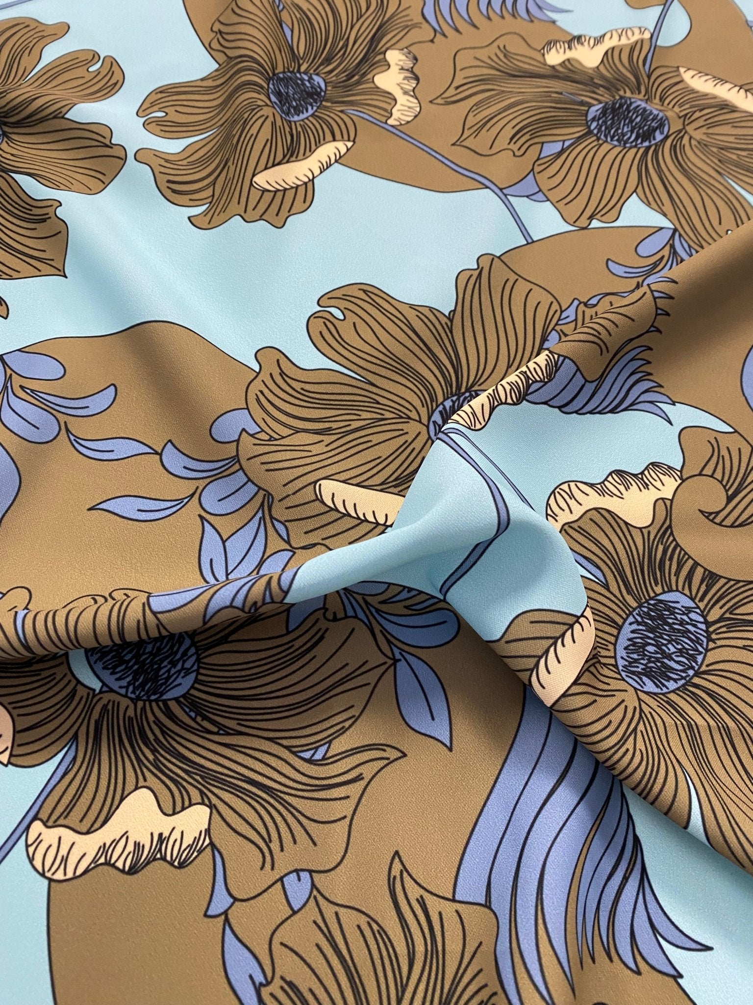 Brown Floral Print Fabric on Light Blue Background - Whotex Online Fabric Store