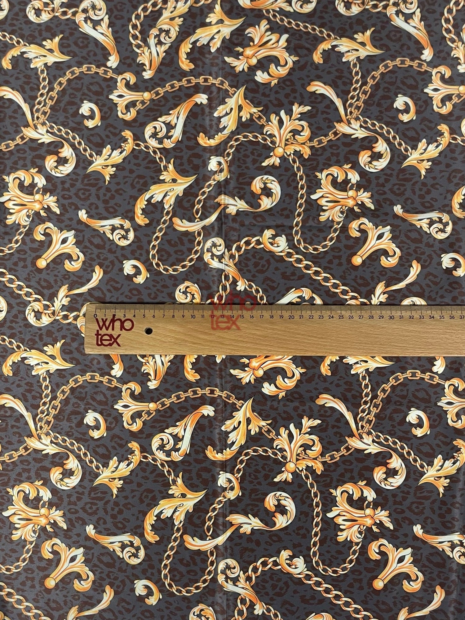 Brown Leopard Print Fabric with Gold Baroque Chains – Bold and Elegant Style Fabric - Whotex Online Fabric Store