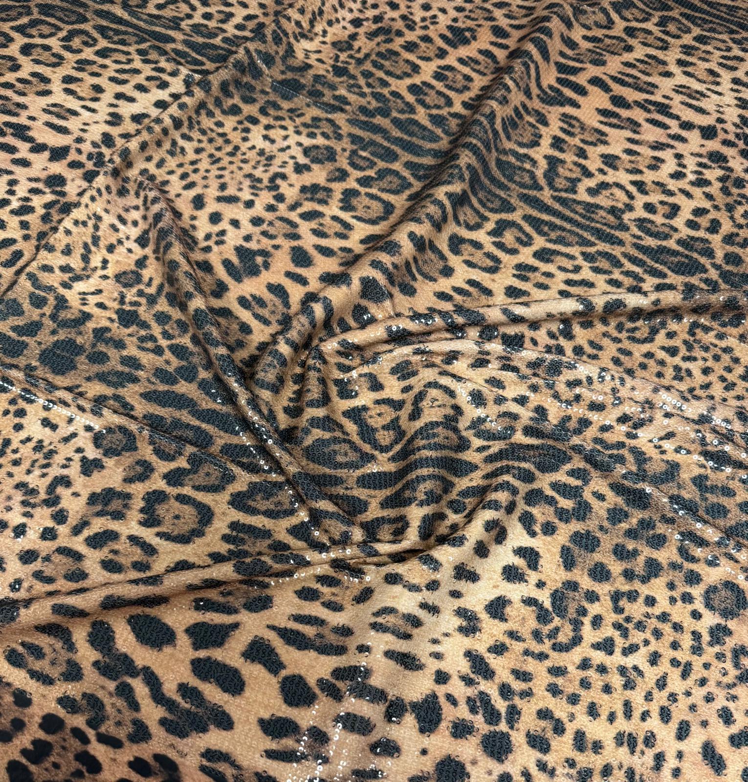 Brown Leopard Sequin Fabric by the Metre - Whotex Fabrics London