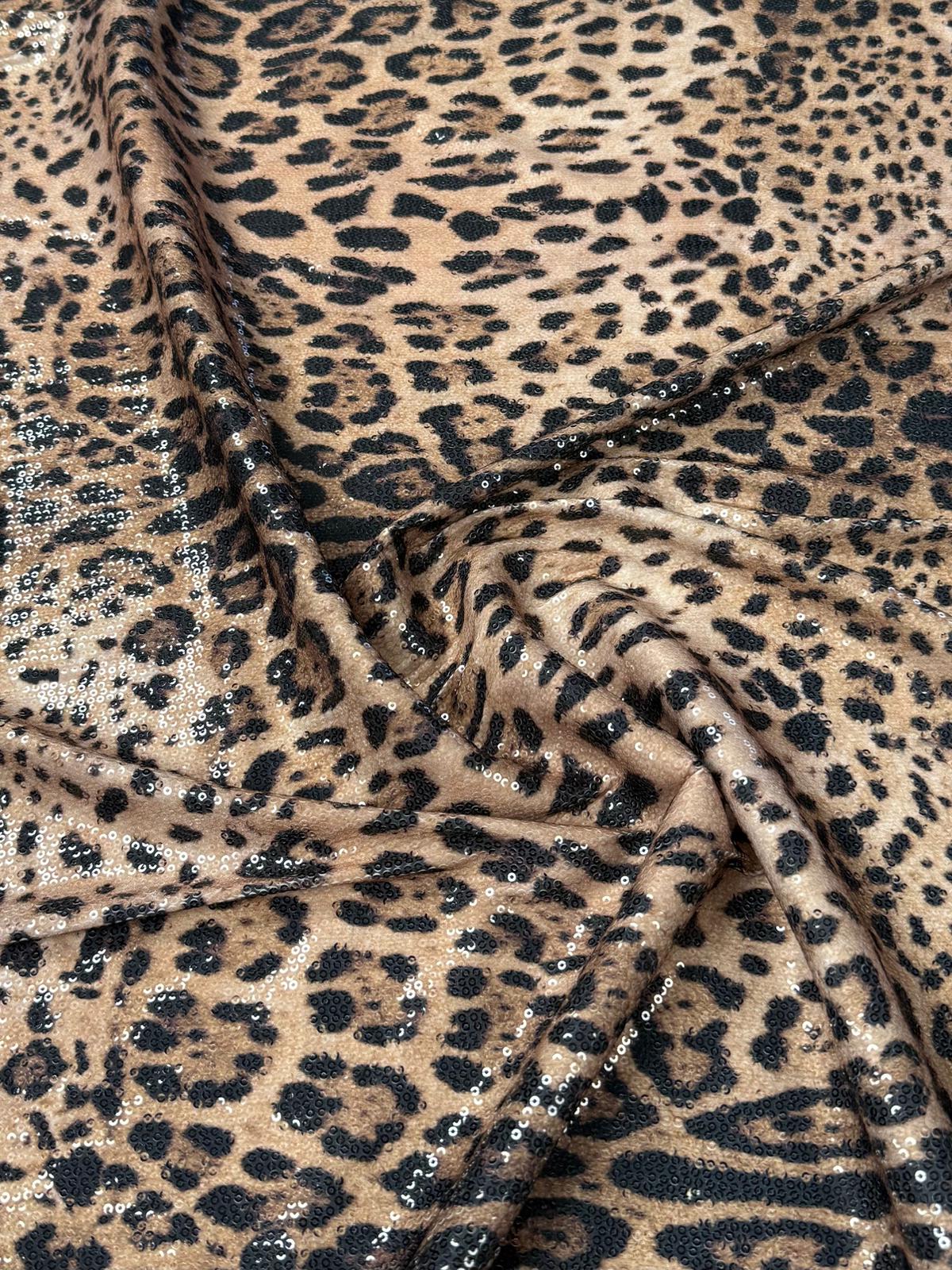 Brown Leopard Sequin Fabric by the Metre - Whotex Fabrics London