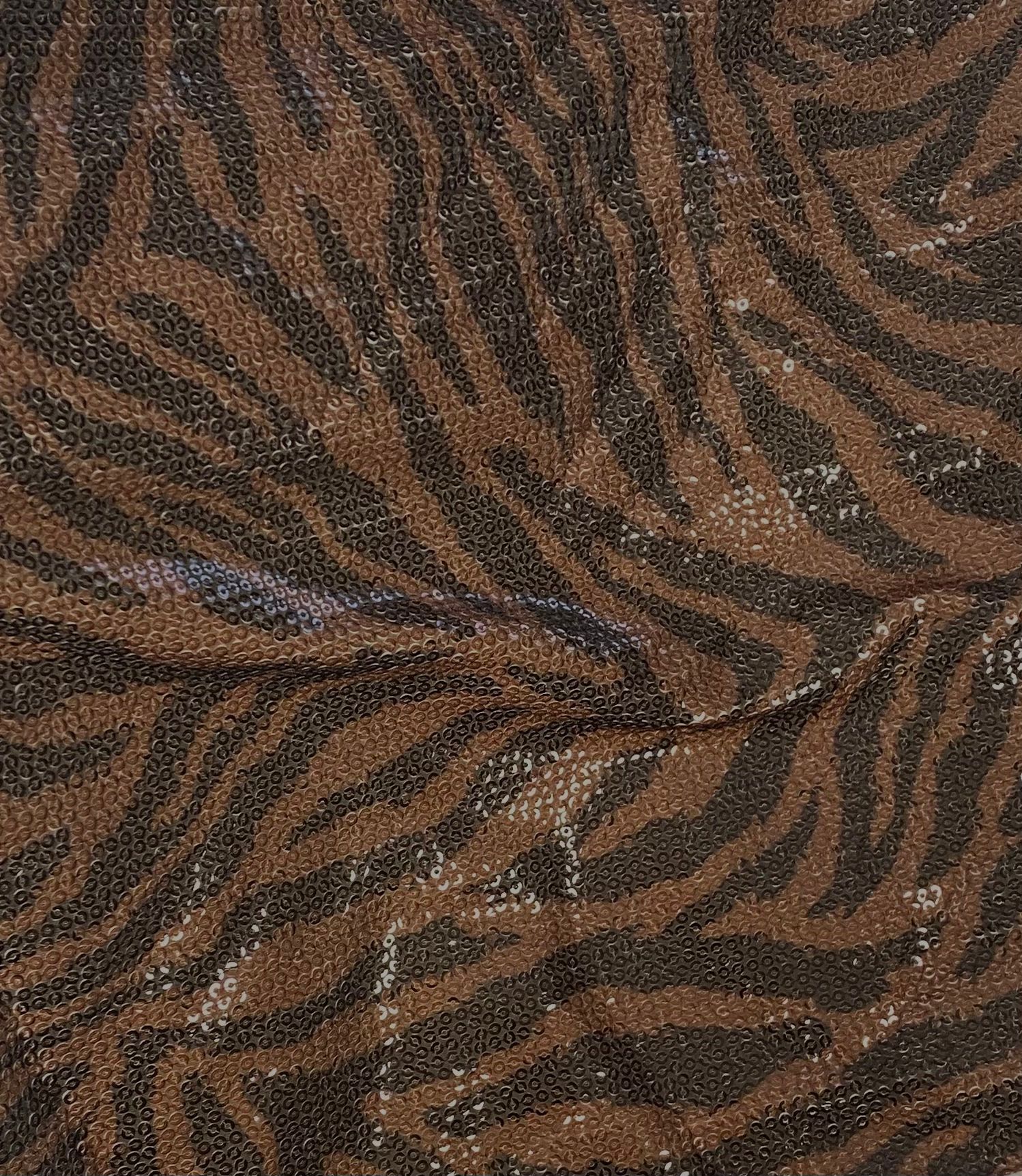 Brown Tiger Sequin Fabric – Shiny Animal Print Stretch Material by Metre - Whotex Fabrics London