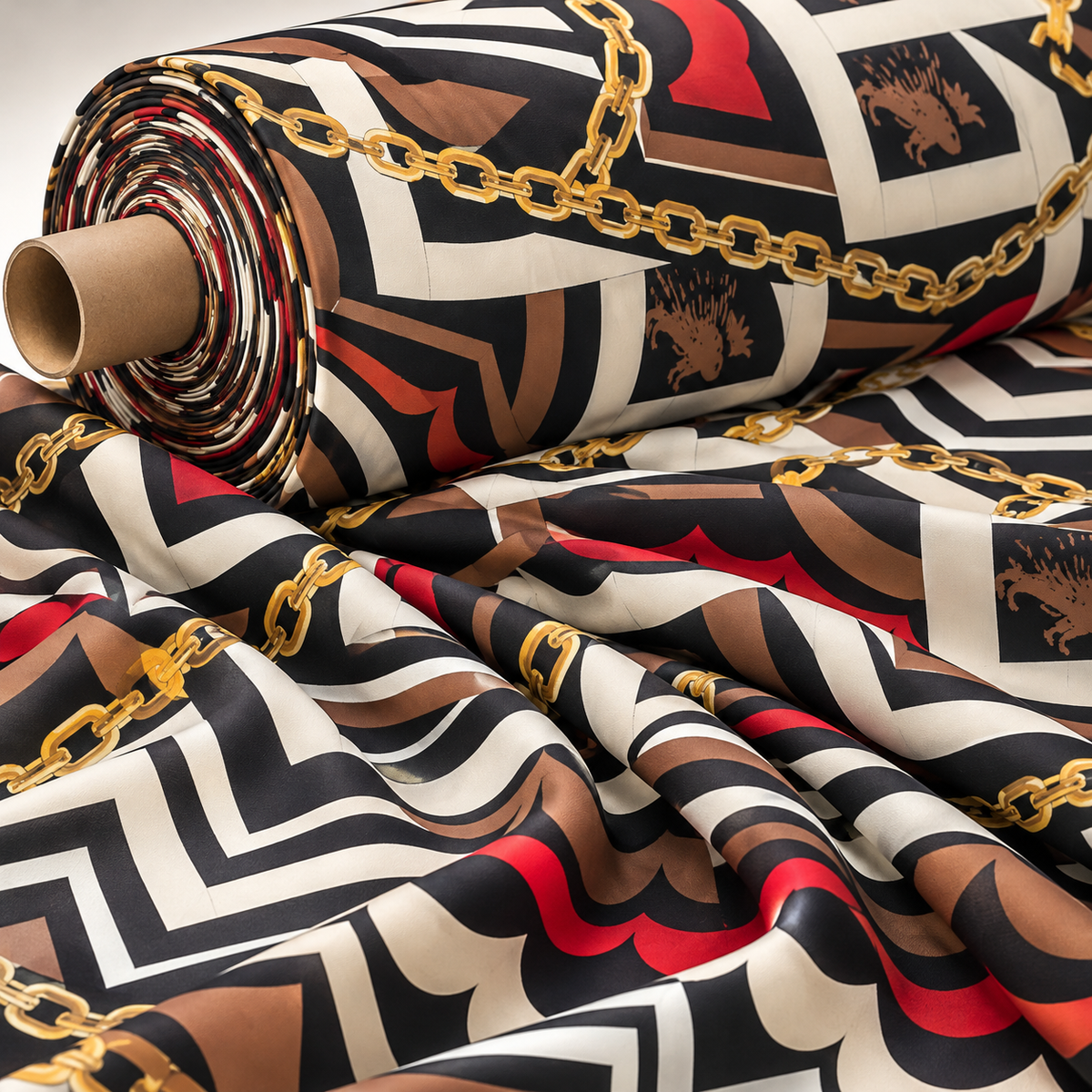 Geometric Chain Print Fabric – Brown Red Abstract Pattern by the Metre