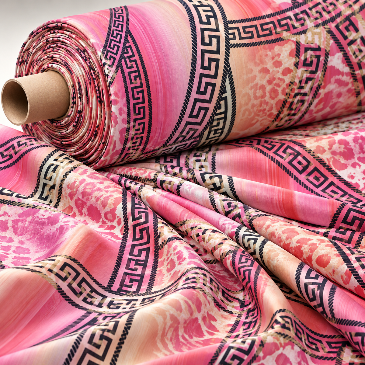 Pink Abstract Greek Key Fabric – Leopard & Stripe Design by the Metre