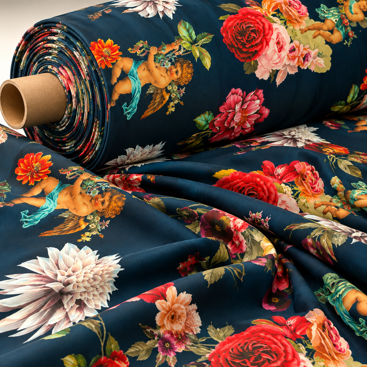 Black Floral Fabric with Angel Detail by the Metre