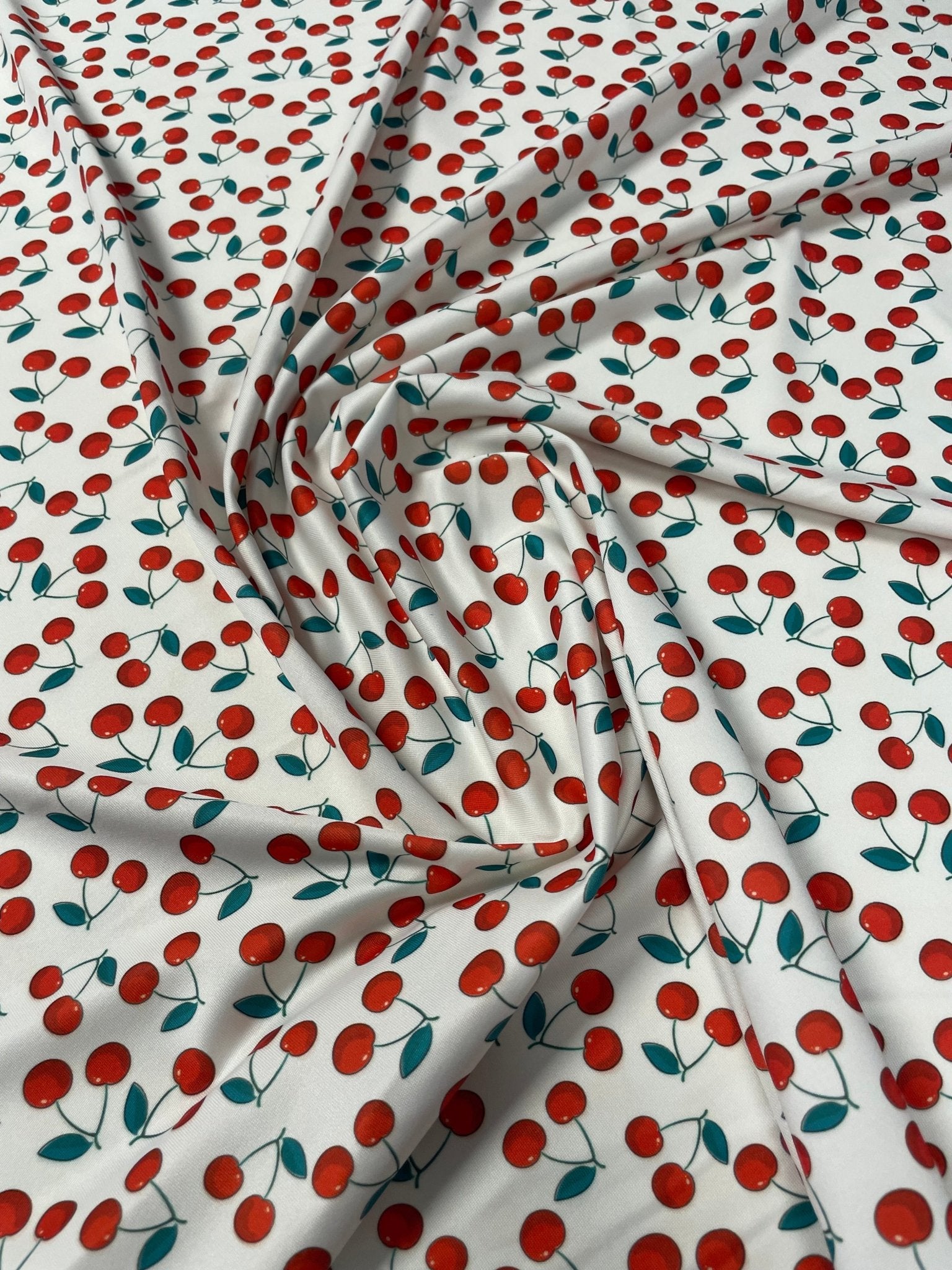Cherry Print Fabric by the Metre – White Cotton Blend - Whotex Fabrics London