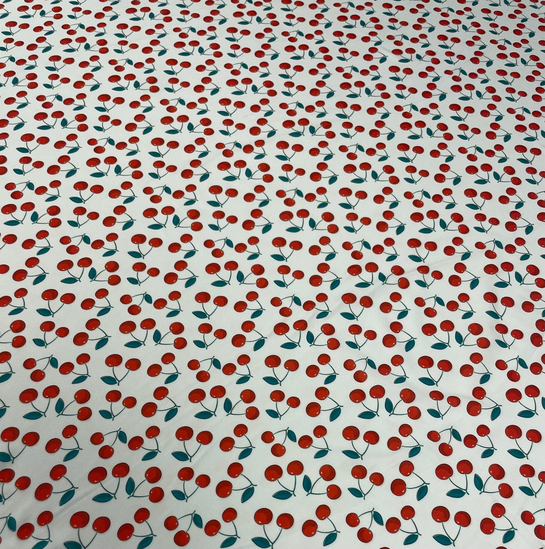 Cherry Print Fabric by the Metre – White Cotton Blend - Whotex Fabrics London