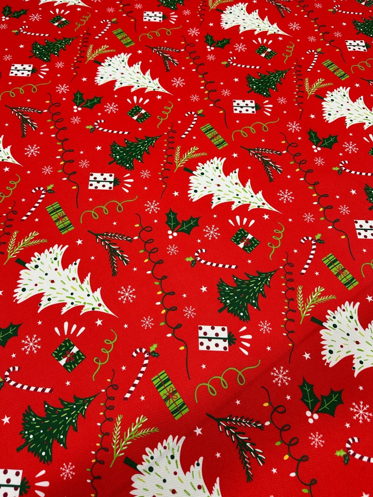 Christmas Patterned Upholstery Fabric, Red Base Green and White Trees, Xmas Fabric - Whotex