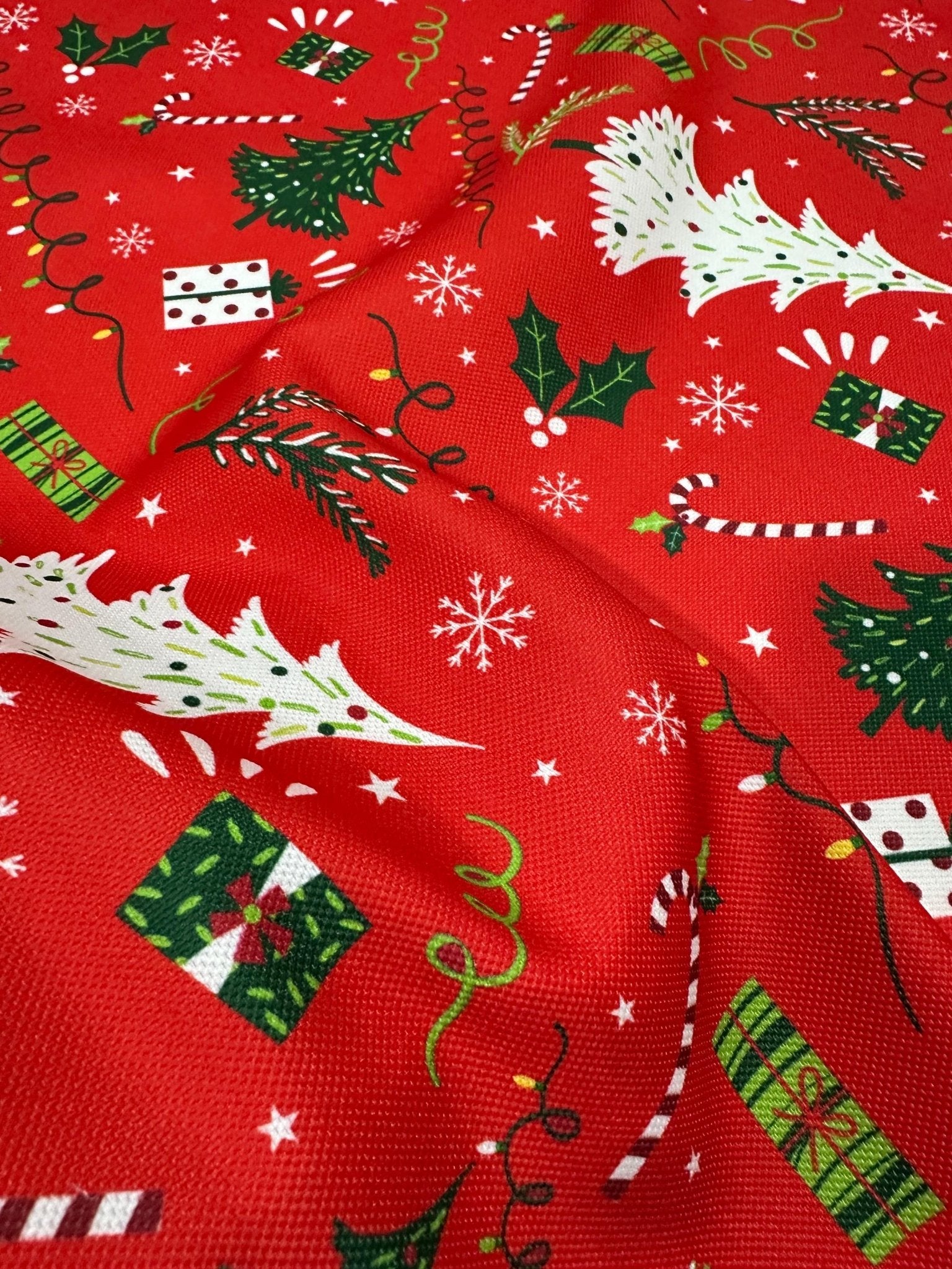 Christmas Patterned Upholstery Fabric, Red Base Green and White Trees, Xmas Fabric - Whotex