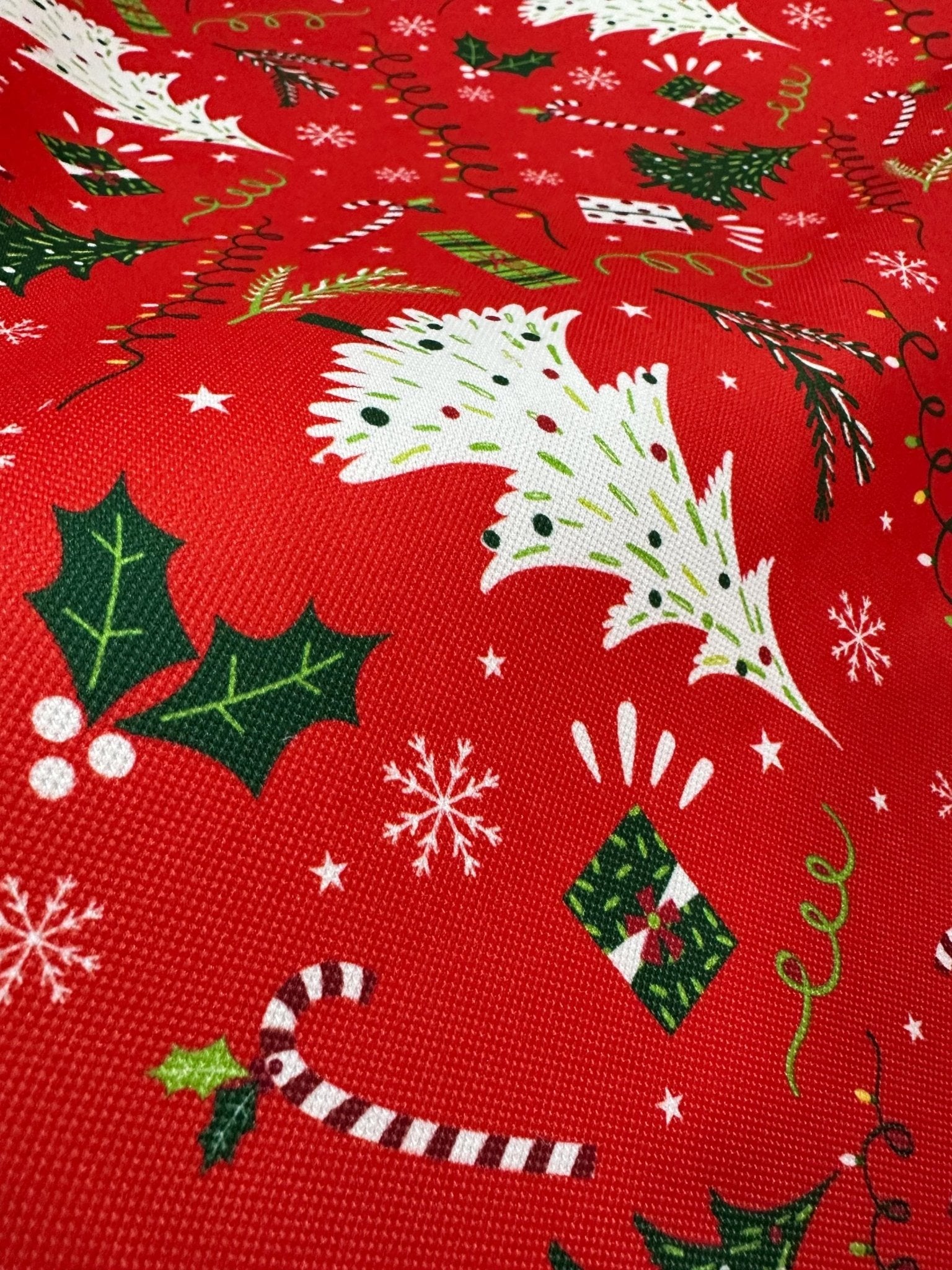 Christmas Patterned Upholstery Fabric, Red Base Green and White Trees, Xmas Fabric - Whotex