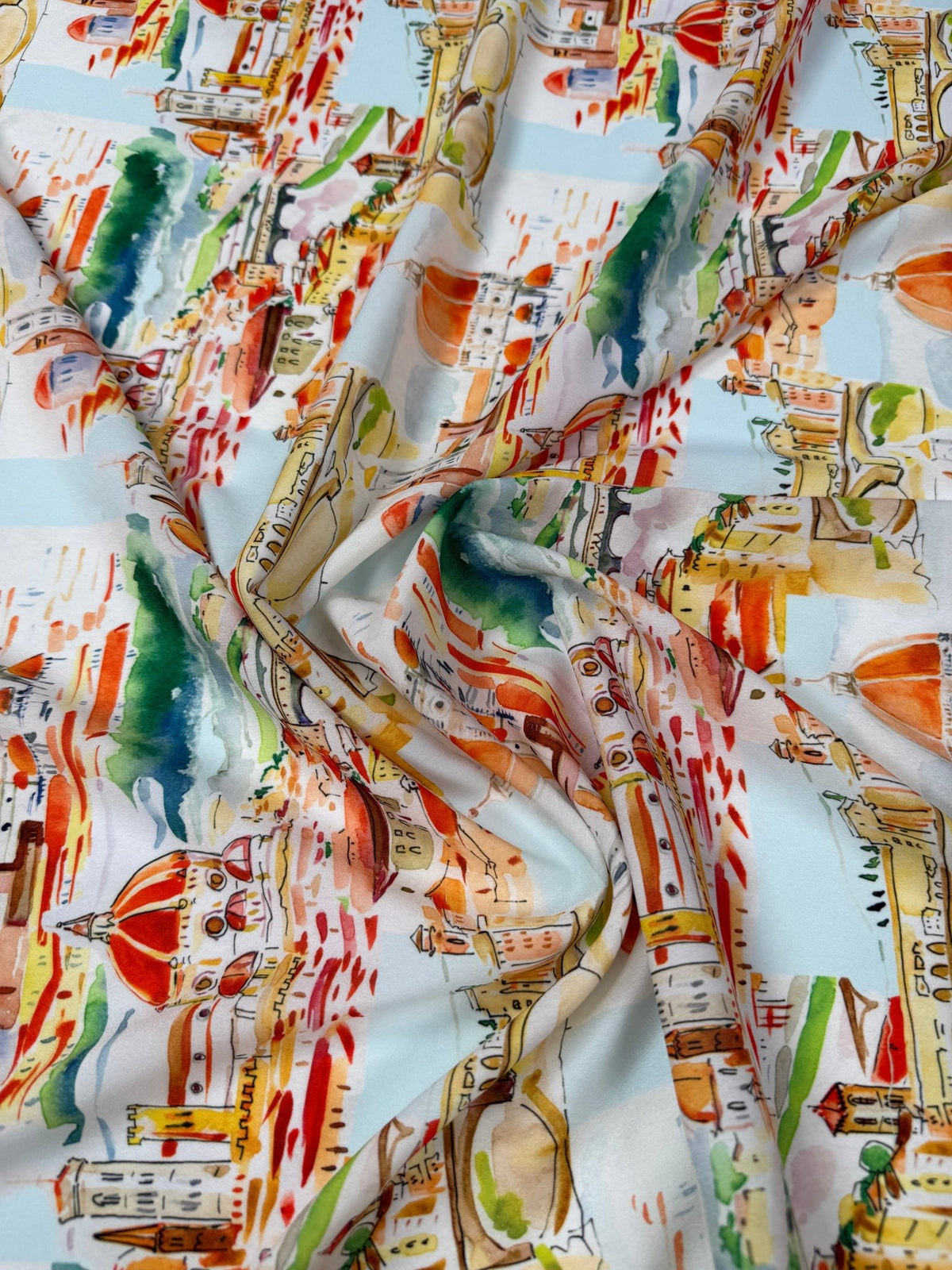 Cityscape Print Moss Crepe Fabric by the Metre - Whotex Fabrics London