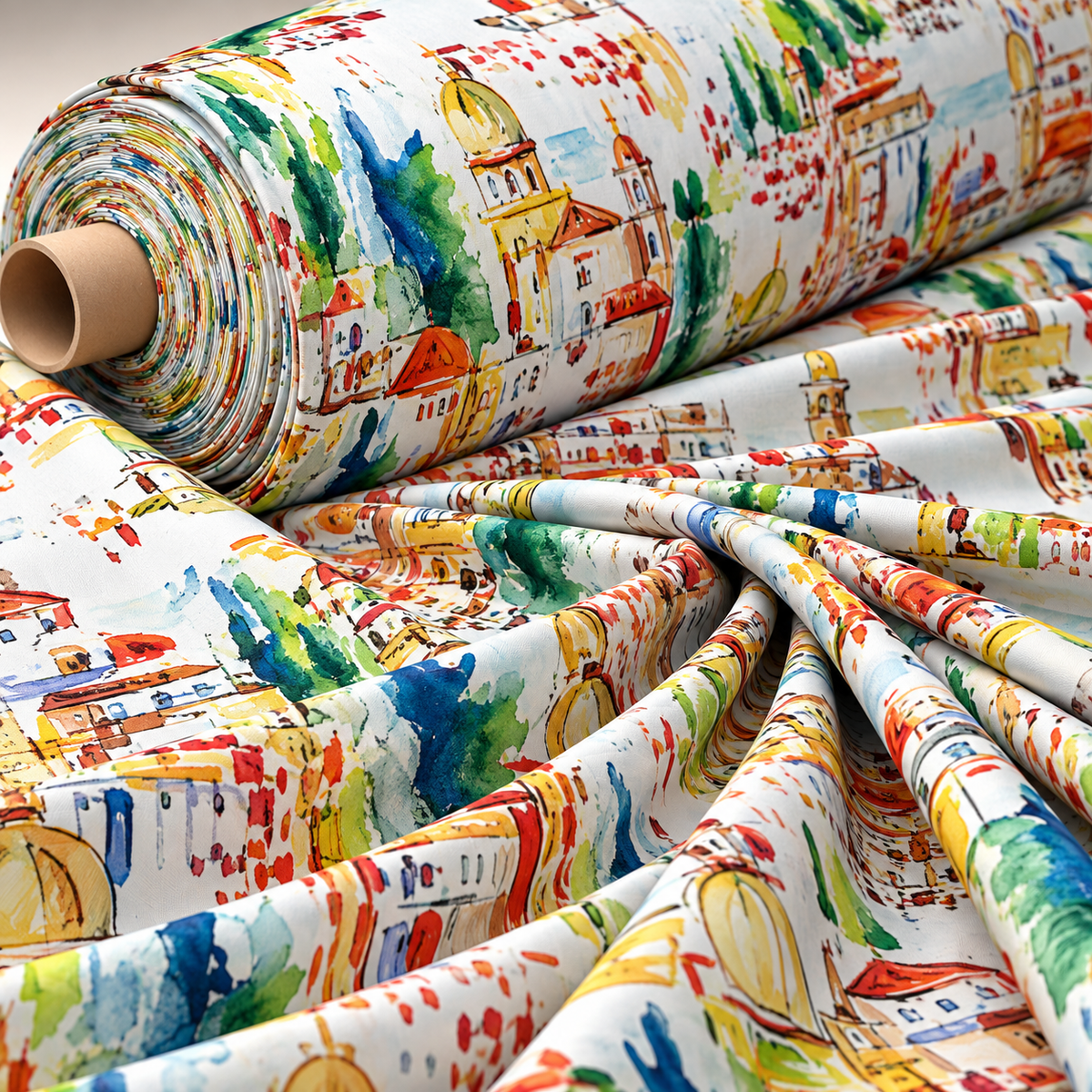 Cityscape Print Poly Linen Fabric by the Metre - Whotex Fabrics London