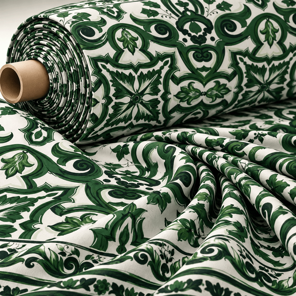 Classic Green Ornamental Upholstery Fabric by the Metre - Whotex Fabrics London