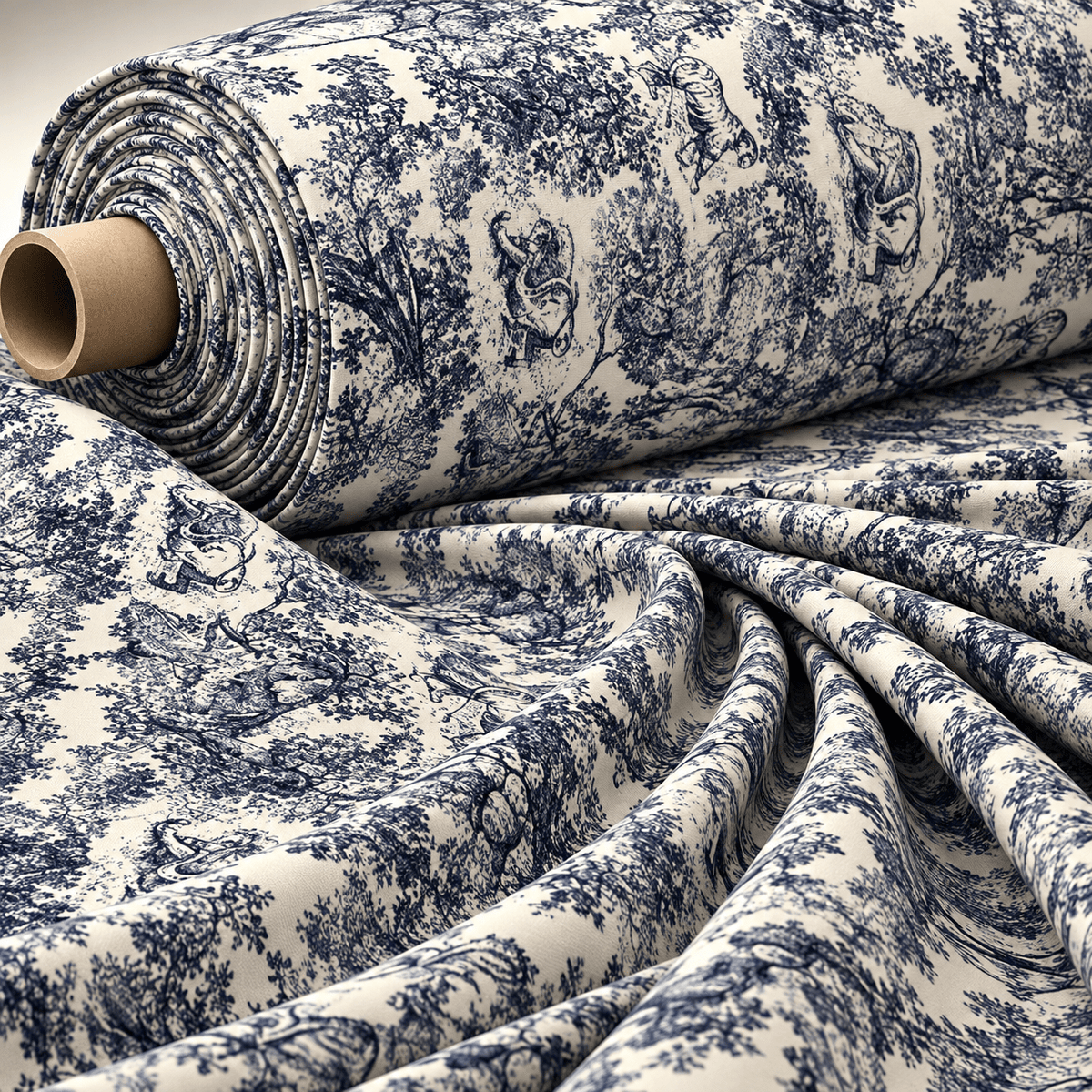 Classic Toile Scenic Print Fashion Navy Blue Fabric by the Metre - Whotex Fabrics London