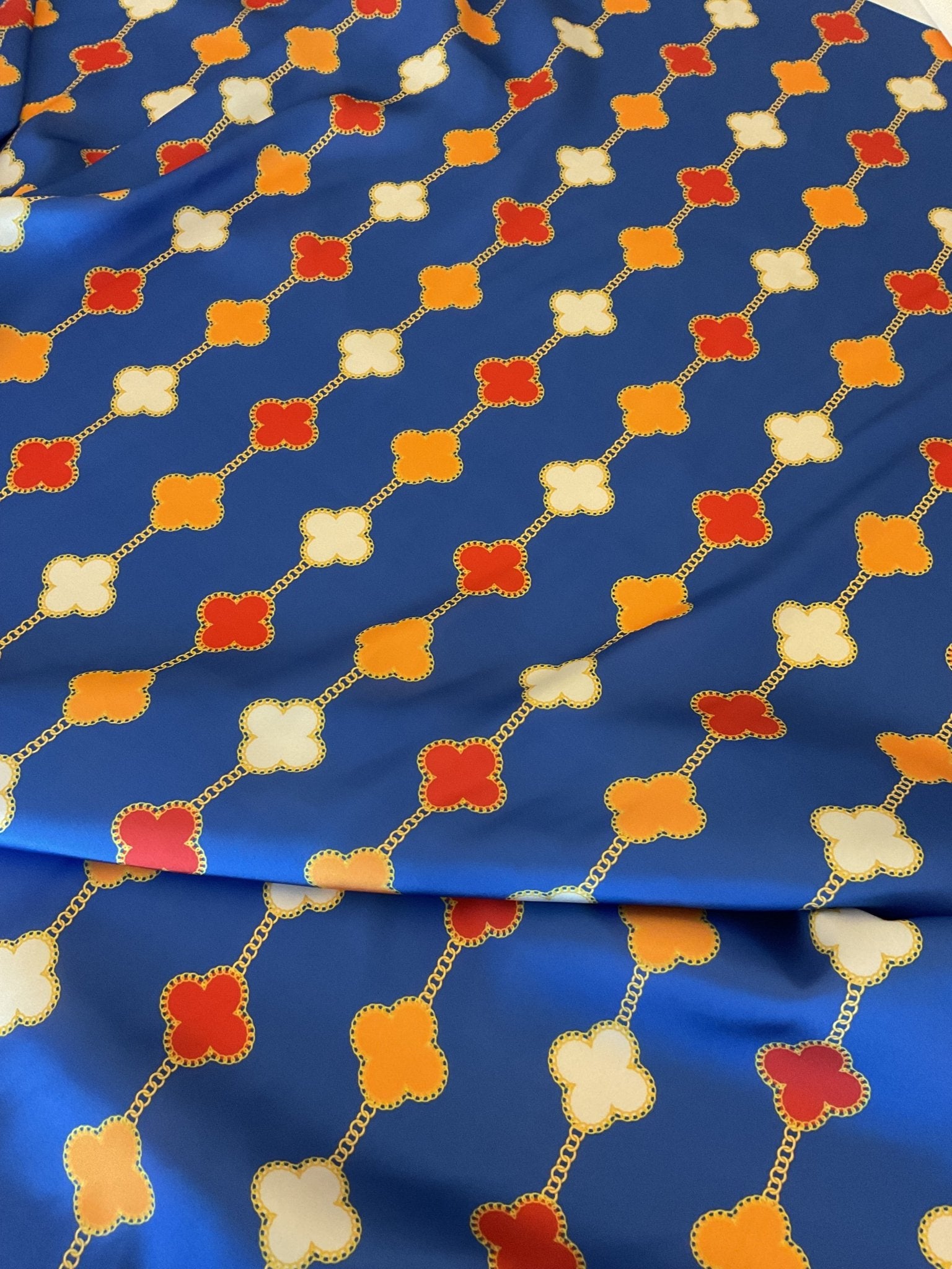 Clover Chain Pattern Silky Satin Fabric, Blue Chain Fabric By The Yard - Whotex