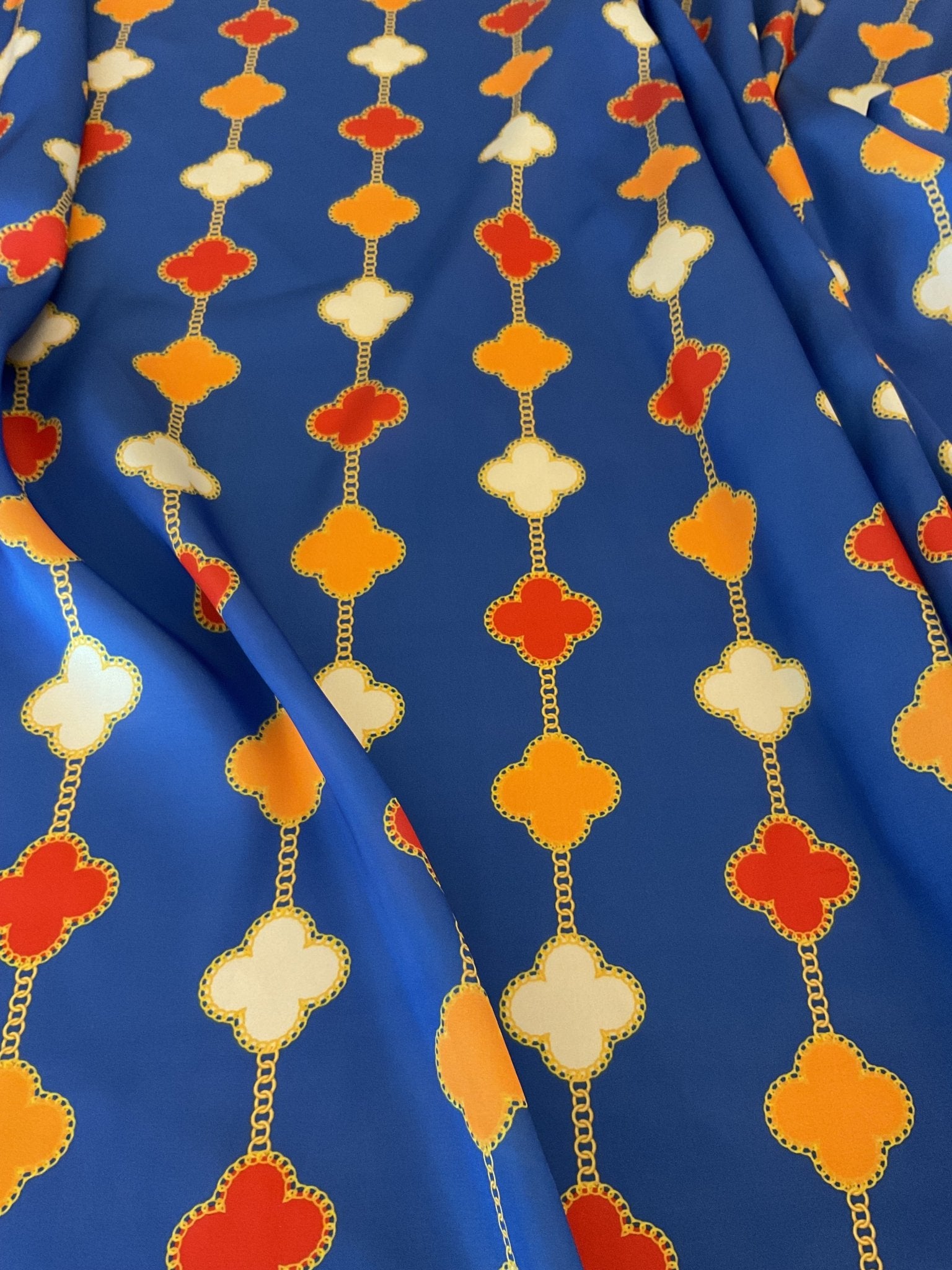 Clover Chain Pattern Silky Satin Fabric, Blue Chain Fabric By The Yard - Whotex