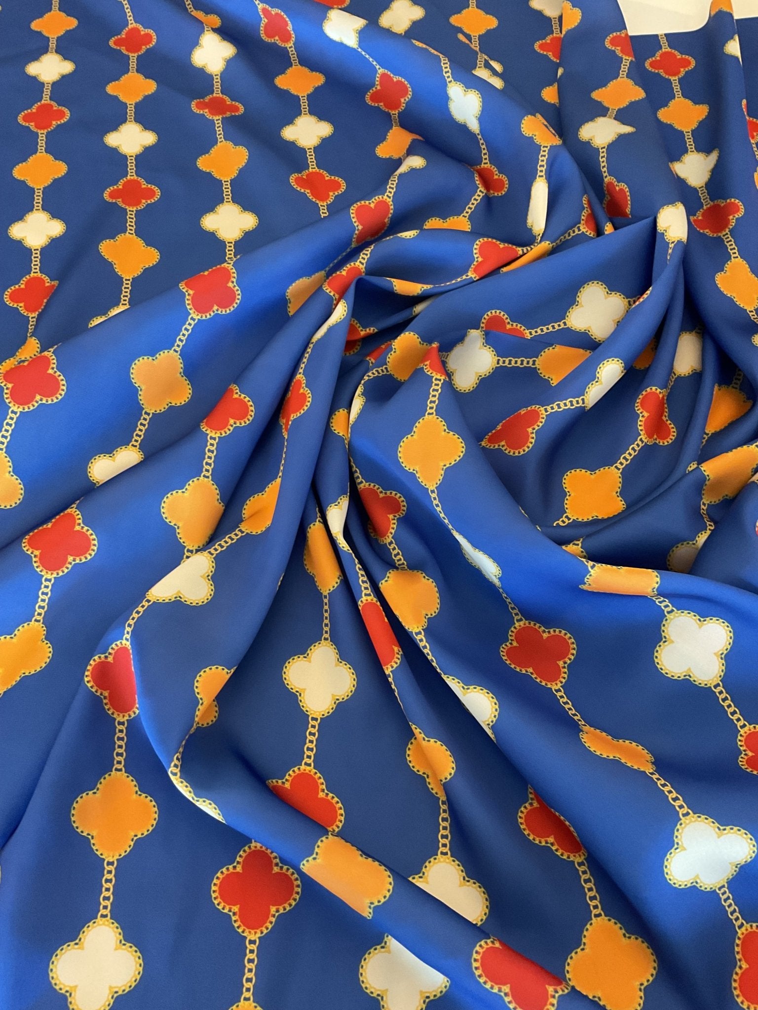 Clover Chain Pattern Silky Satin Fabric, Blue Chain Fabric By The Yard - Whotex