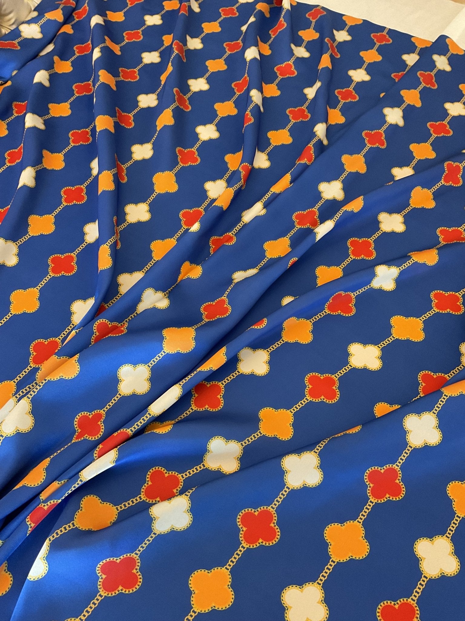 Clover Chain Pattern Silky Satin Fabric, Blue Chain Fabric By The Yard - Whotex