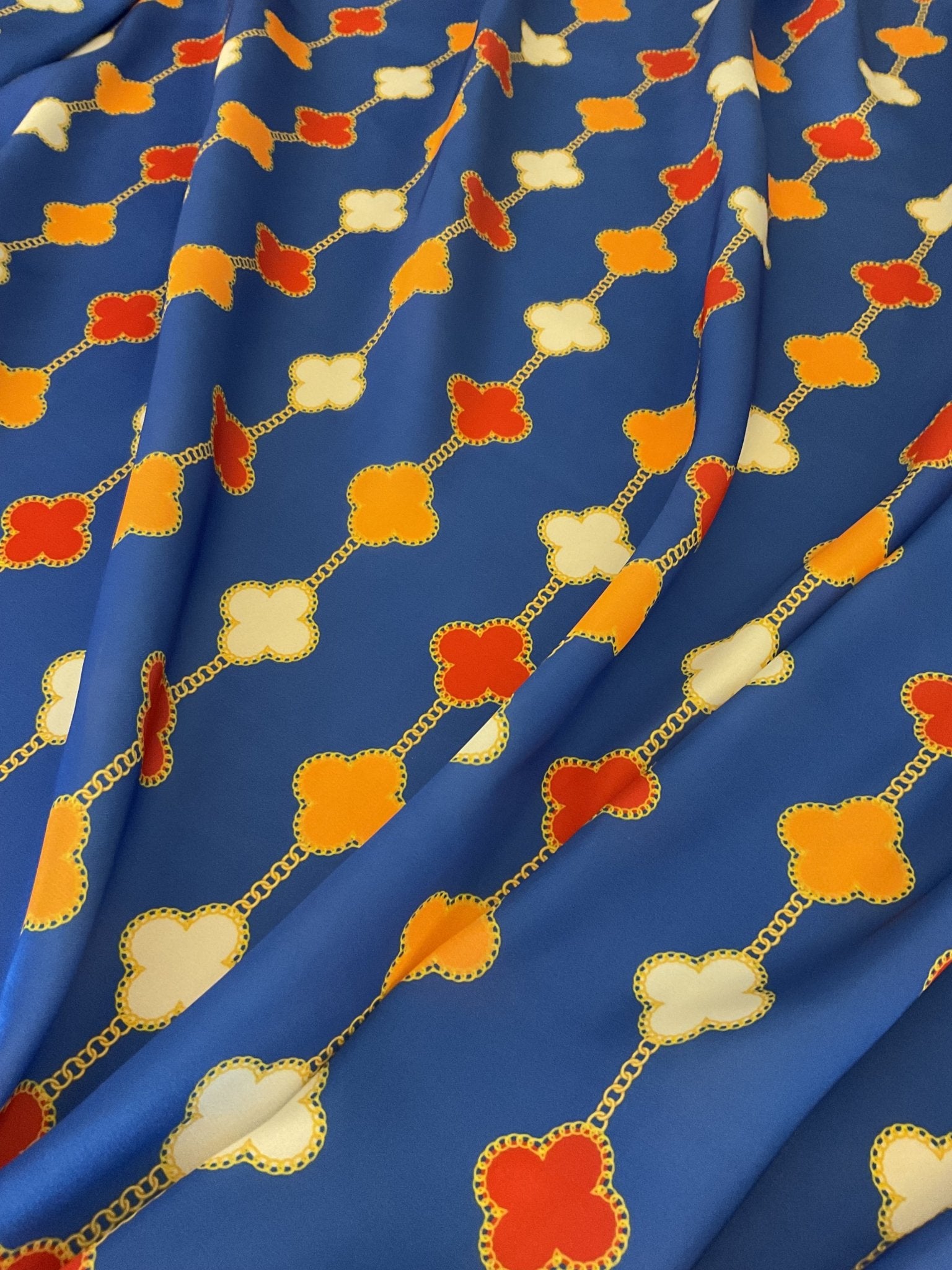 Clover Chain Pattern Silky Satin Fabric, Blue Chain Fabric By The Yard - Whotex