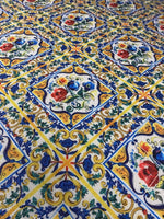 vintage floral patterned fabric with colorful ceramic tile inspired design and gold lurex glitter accents