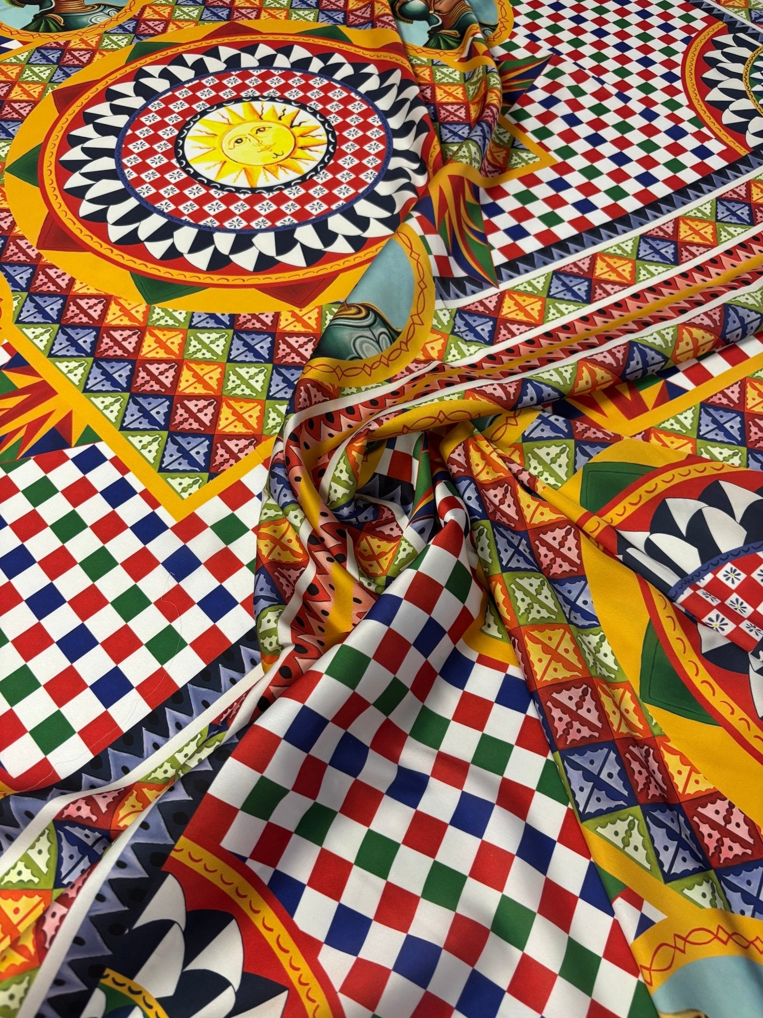 Colorful Chiffon Satin Fabric by the Metre – Mediterranean Geometric Warrior - Whotex Online Fabric Store