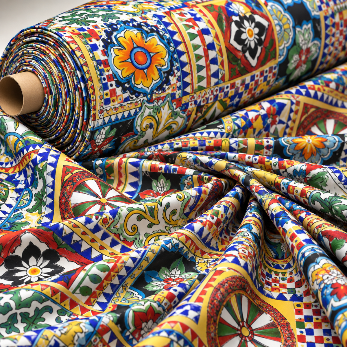 Colourful Tile Print Lycra Satin Fabric by the Metre - Whotex Fabrics London