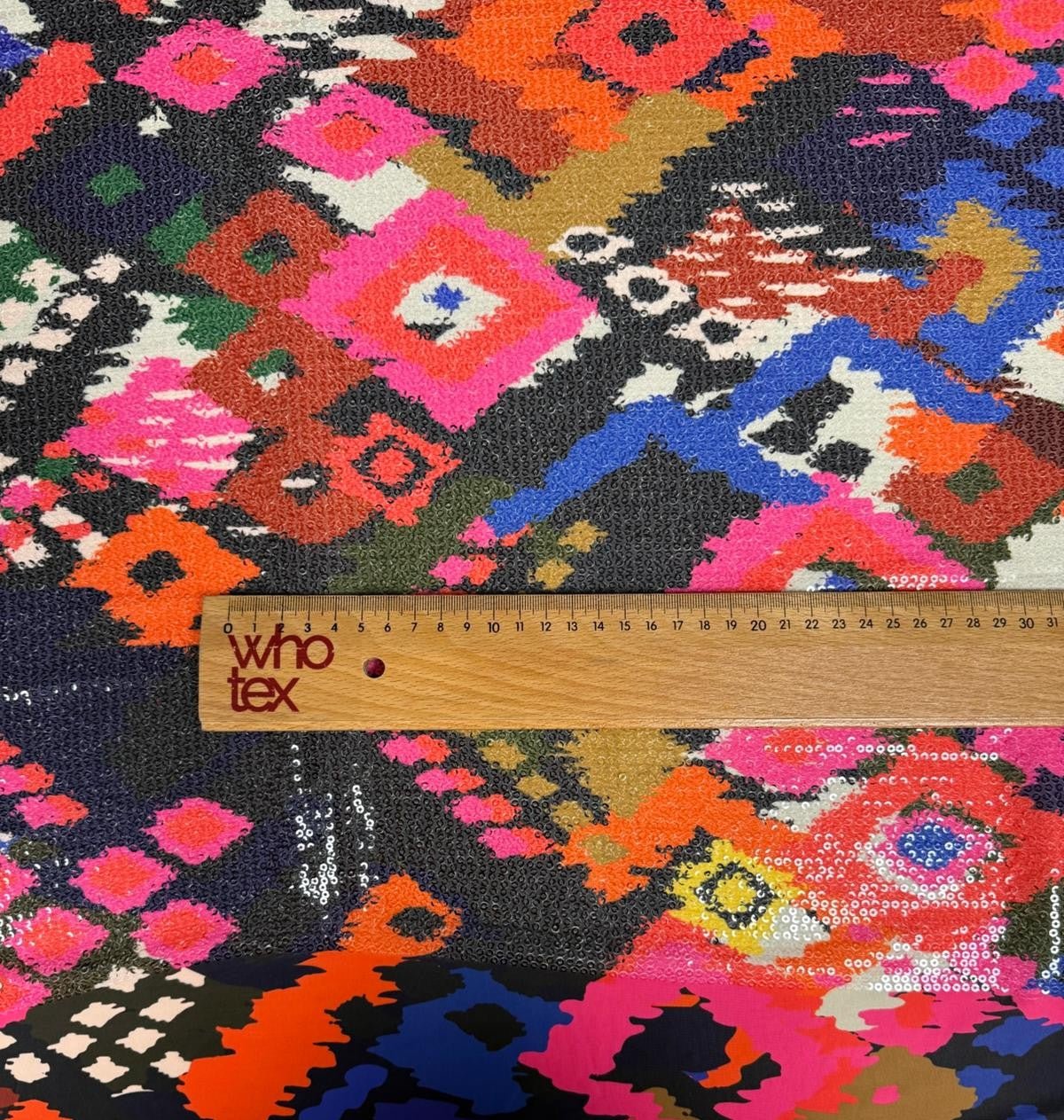 Colourful Tribal Sequin Fabric by the Metre - Whotex Fabrics London
