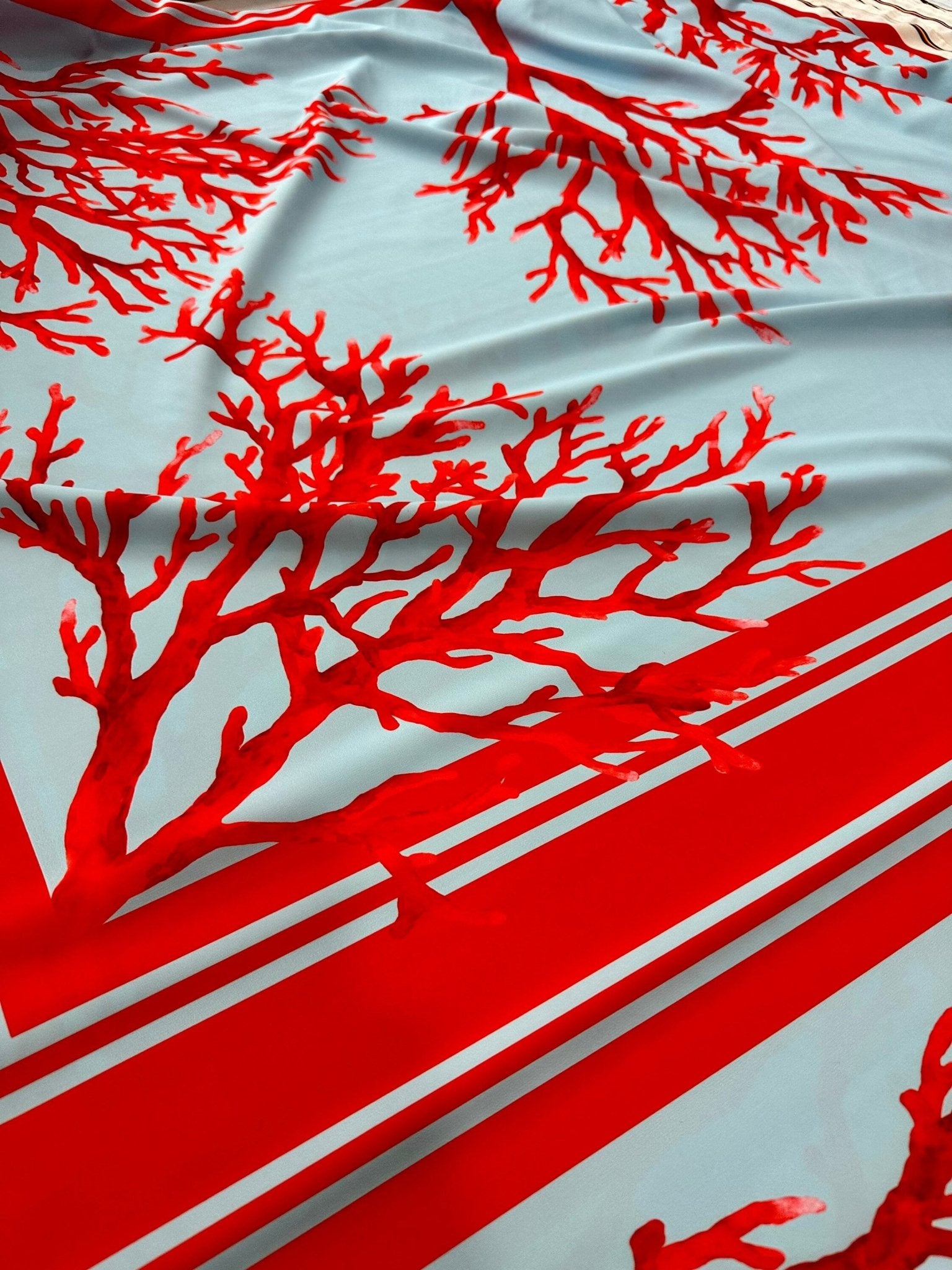 Coral pattern fabric, Red and Blue color Silky Crepe Fabric , Fabric by the yard, Panel Fabric 150*100cm // 1.64 * 1.09 yard - Whotex Online Fabric Store