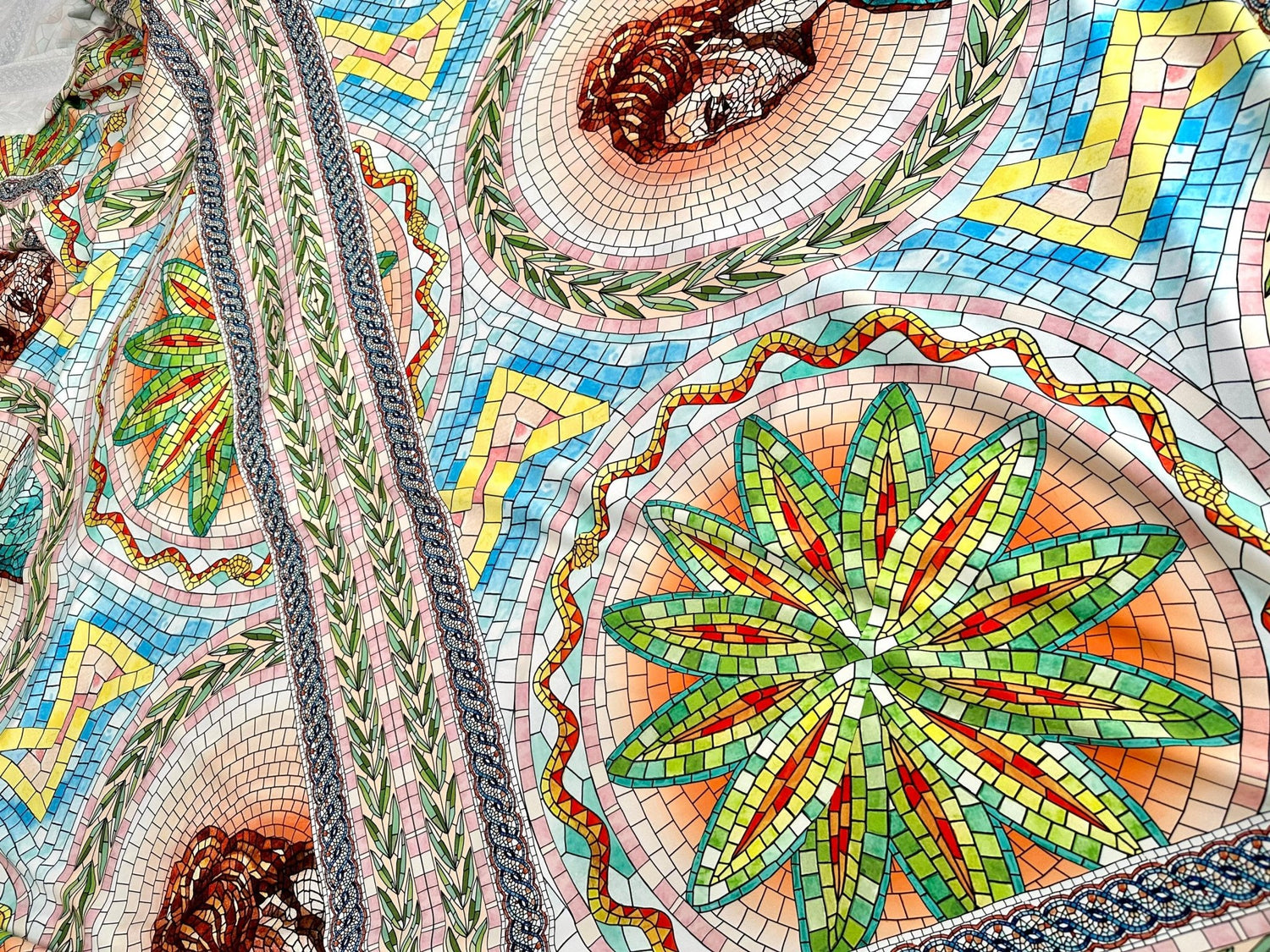 Coupon Fabric, Greek Mosaics print Silky Crepe Fabric , Fabric by the yard, Panel Fabric 150*100cm // 1.64 * 1.09 yard - Whotex Online Fabric Store