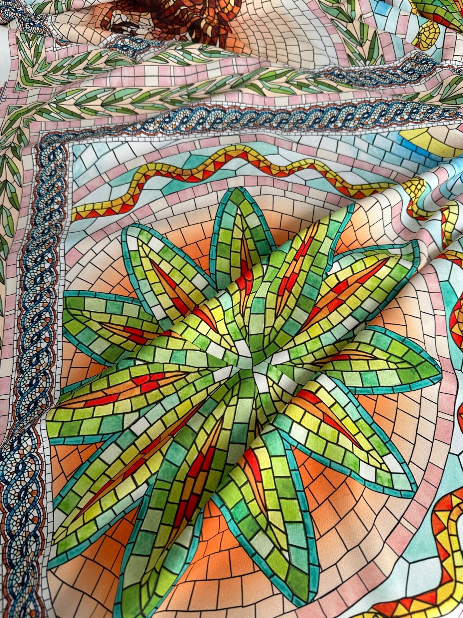 Coupon Fabric, Greek Mosaics print Silky Crepe Fabric , Fabric by the yard, Panel Fabric 150*100cm // 1.64 * 1.09 yard - Whotex Online Fabric Store