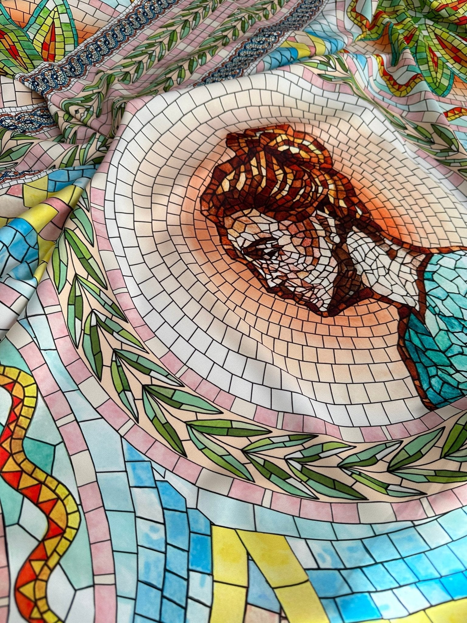 Coupon Fabric, Greek Mosaics print Silky Crepe Fabric , Fabric by the yard, Panel Fabric 150*100cm // 1.64 * 1.09 yard - Whotex Online Fabric Store