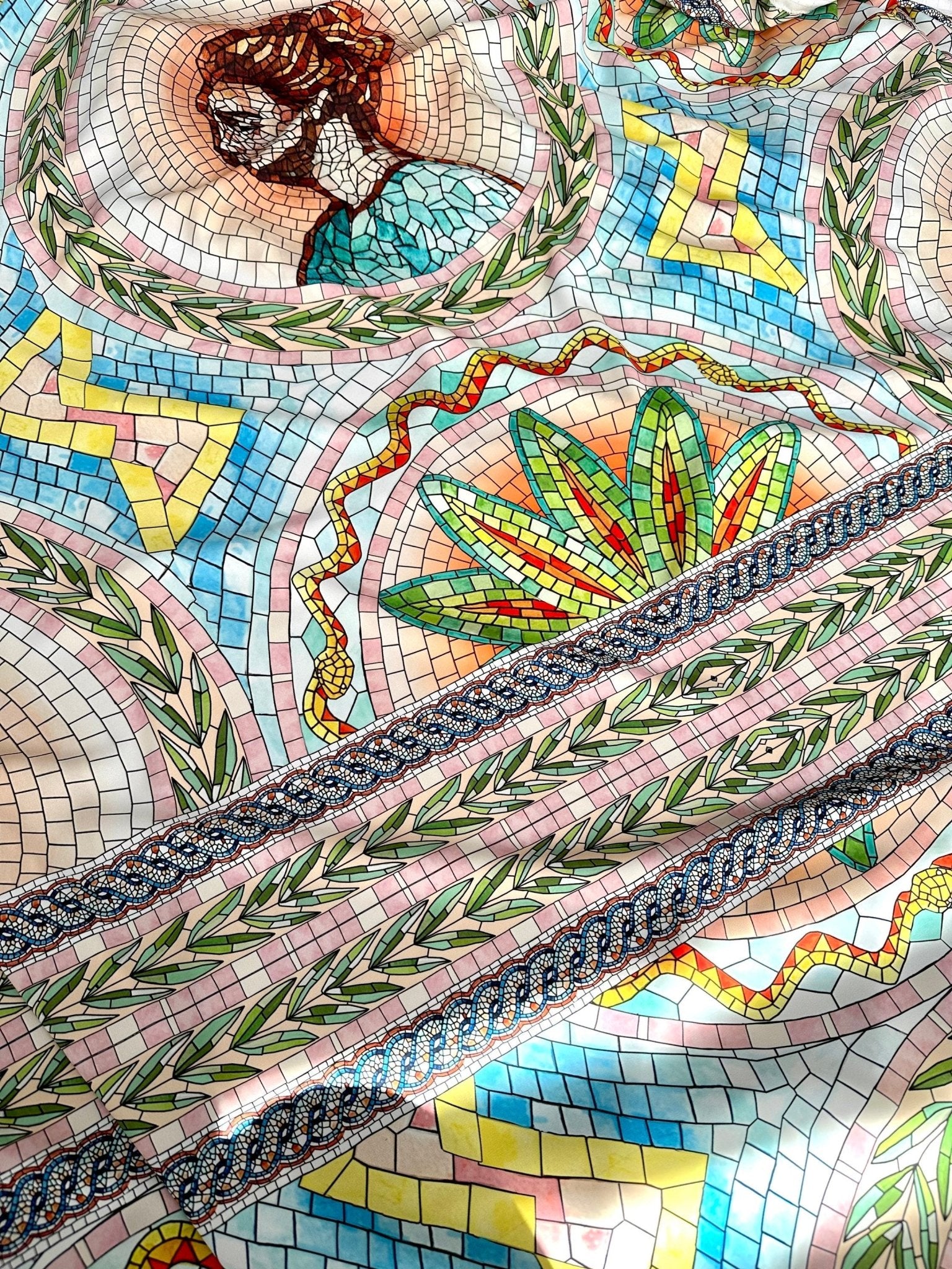 Coupon Fabric, Greek Mosaics print Silky Crepe Fabric , Fabric by the yard, Panel Fabric 150*100cm // 1.64 * 1.09 yard - Whotex Online Fabric Store