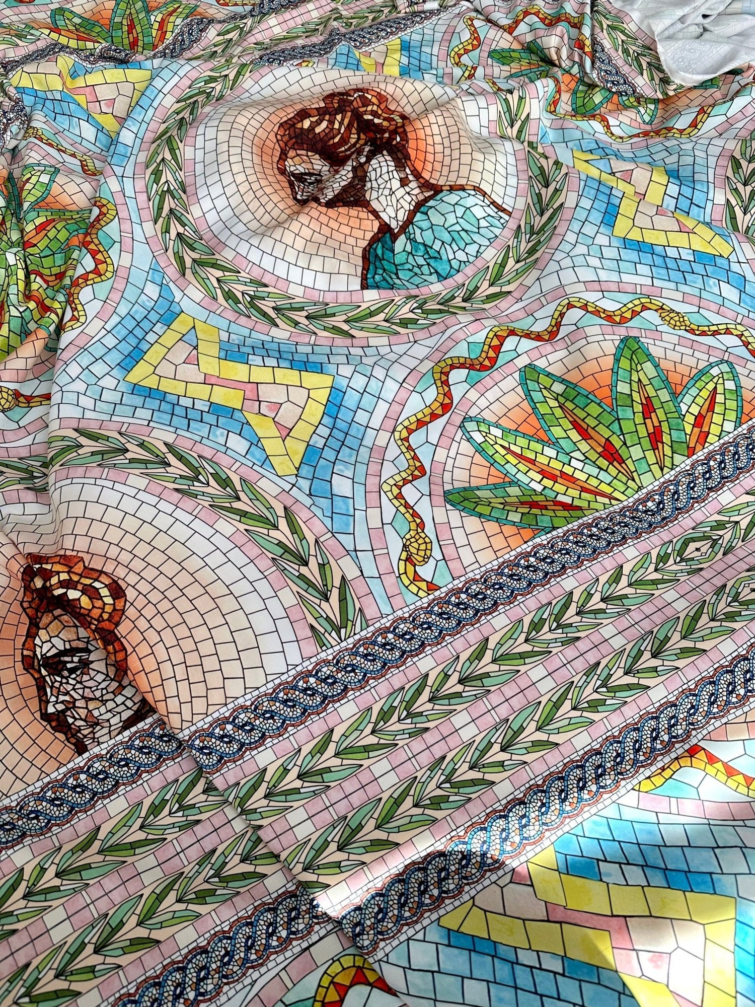 Coupon Fabric, Greek Mosaics print Silky Crepe Fabric , Fabric by the yard, Panel Fabric 150*100cm // 1.64 * 1.09 yard - Whotex Online Fabric Store