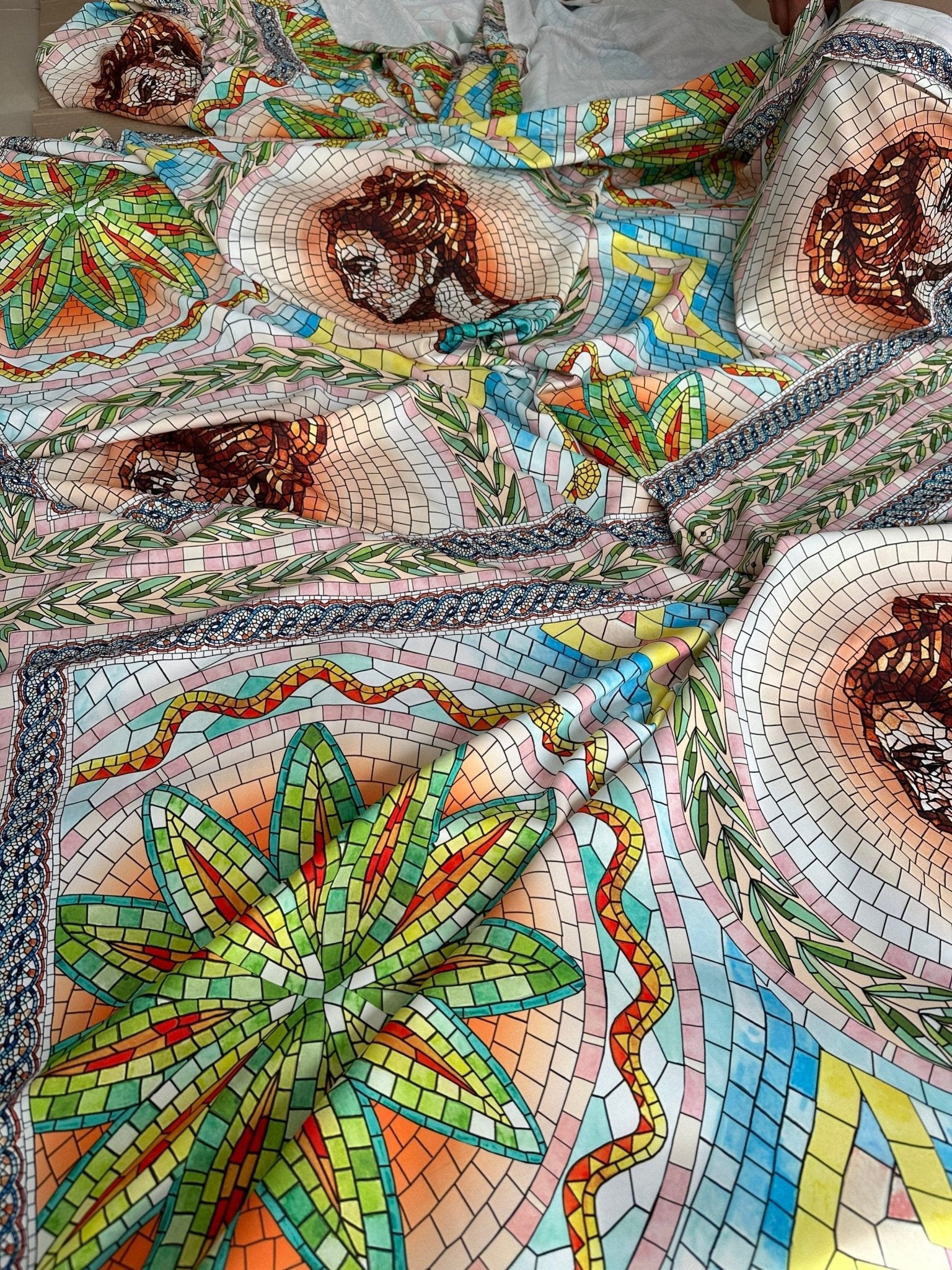Coupon Fabric, Greek Mosaics print Silky Crepe Fabric , Fabric by the yard, Panel Fabric 150*100cm // 1.64 * 1.09 yard - Whotex Online Fabric Store