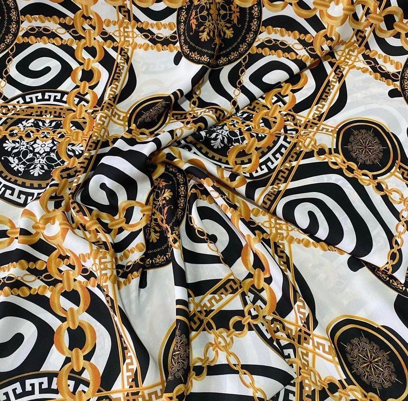 Crepe Fabric, Gold Chain White Crepe fabric, Greek key pattern fabric - Whotex