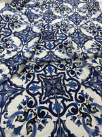 Crepe Fabric, Majolica Pattern Crepe Fabric, Blue White Swirl Fabric - Whotex Online Fabric Store