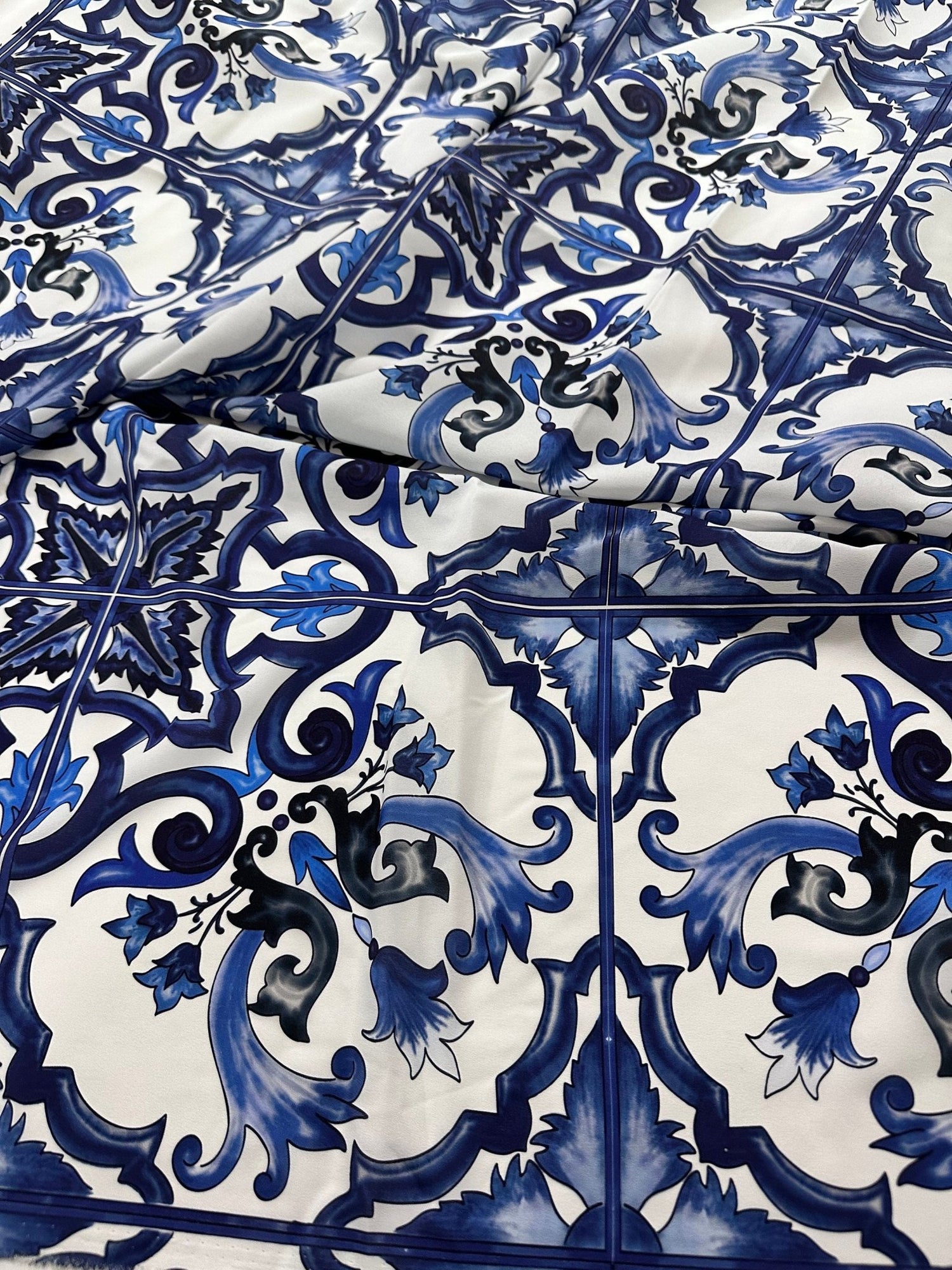 Crepe Fabric, Majolica Pattern Crepe Fabric, Blue White Swirl Fabric - Whotex Online Fabric Store