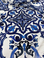 Crepe Fabric, Majolica Pattern Crepe Fabric, Blue White Swirl Fabric - Whotex Online Fabric Store